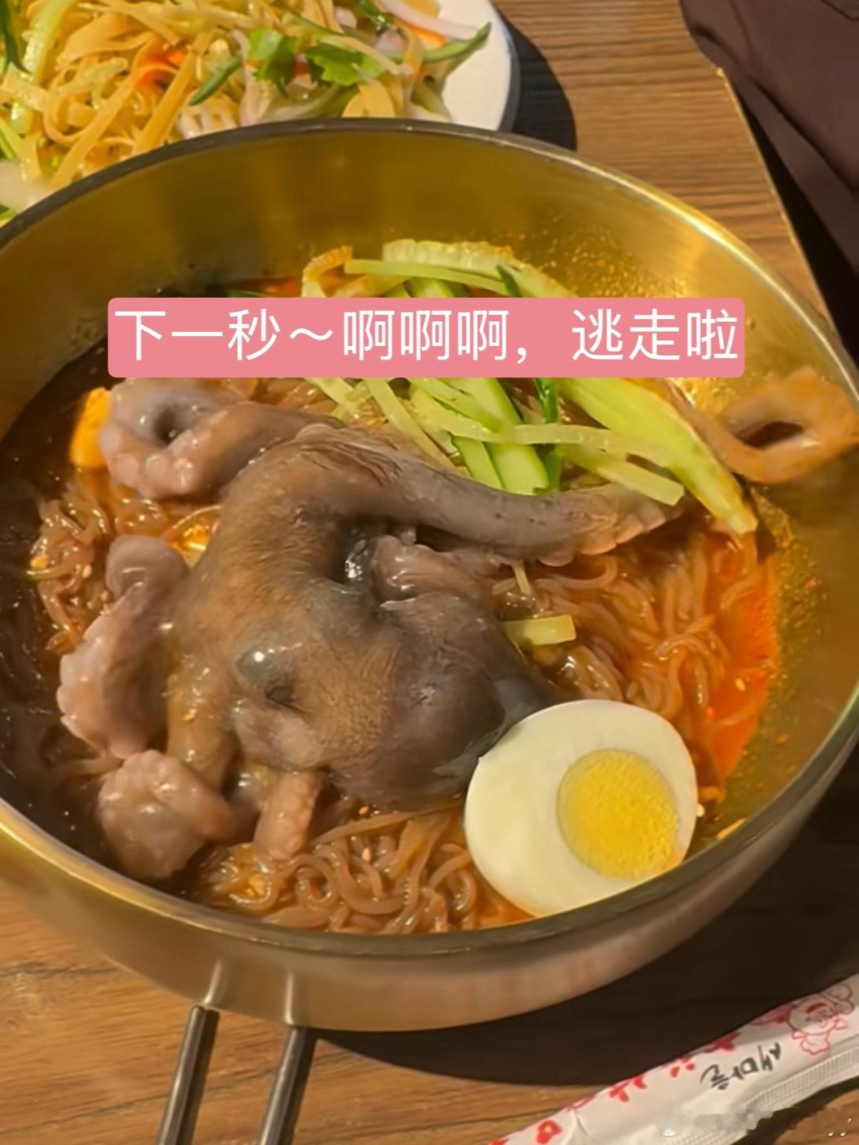 以为是食材结果是员工真正活的我们肯定不敢吃，所以来看一看煮熟的八爪鱼拌面做法吧。