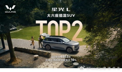 五菱星光L在8月销量达6553台，斩获大六座插混SUV销量亚军，环比上市首月增长