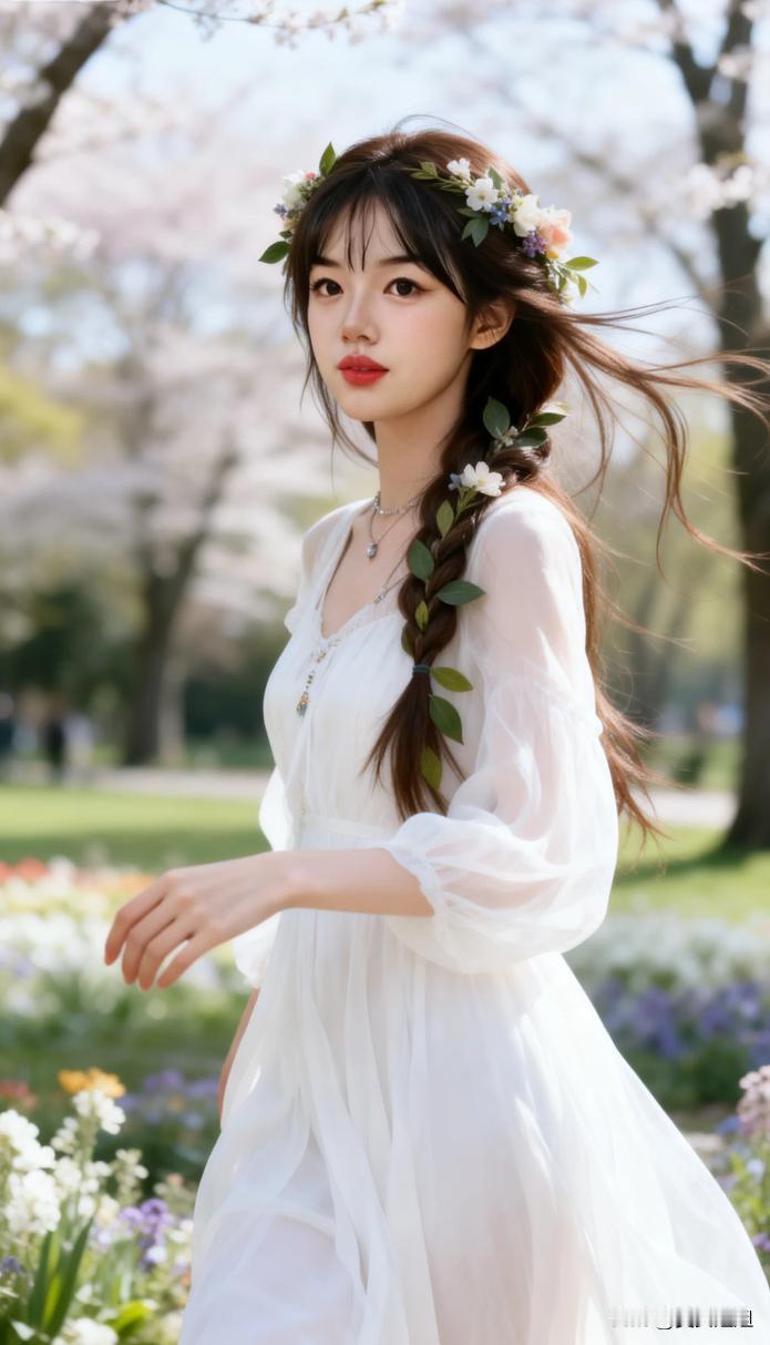 这位小姐姐穿着白色长裙，花环头饰，在花海中漫步。