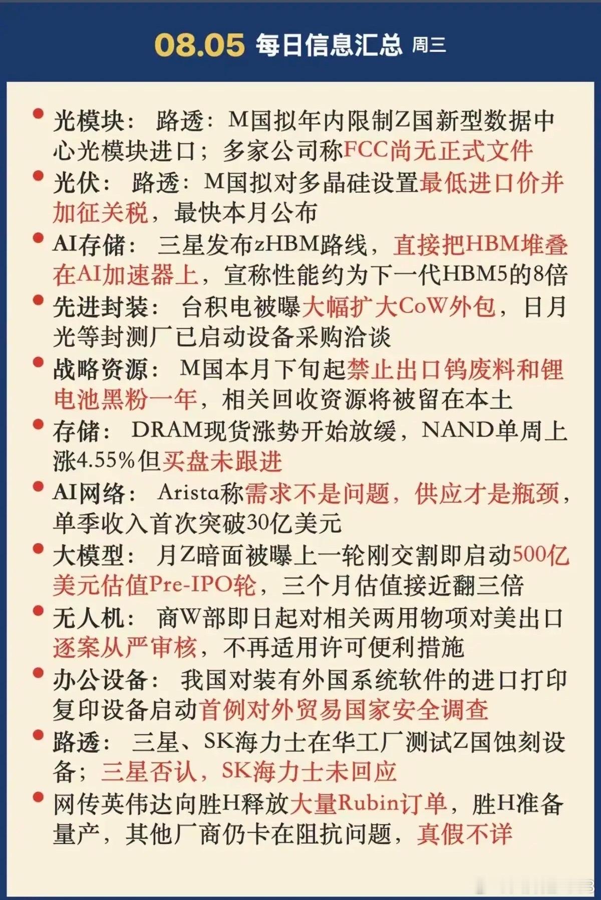8.05周三  晚间：财经热点信息参考！1.光模块2.光伏，多晶硅加征关税3.金