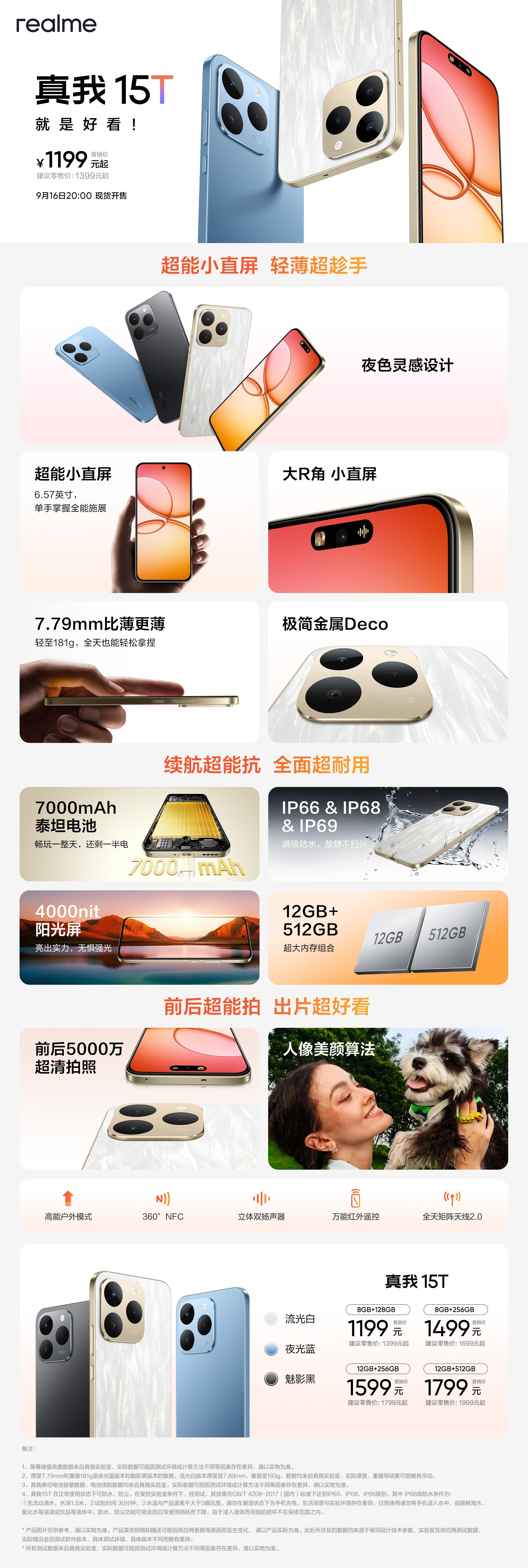 今晚真我15系列也带来了三款产品。真我15T，1199元起，轻薄大续航的小直屏；