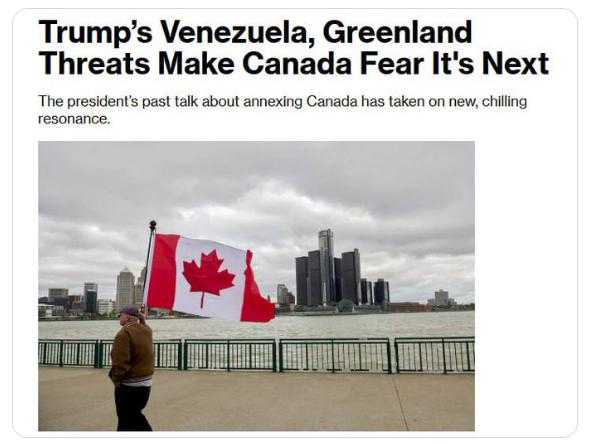 【彭博社报道，继委内瑞拉和格陵兰之后，加拿大人担心他们的国家可能成为特朗普的下一