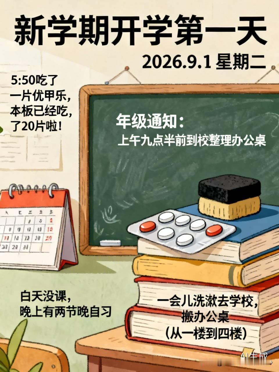 2026.9.1星期二  新学期开学第一天
（5：50吃了一片优甲乐，本板已经吃