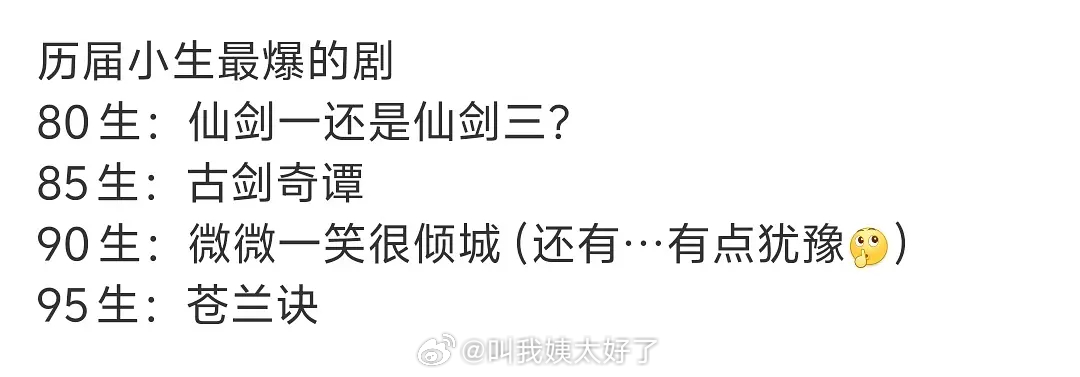网友排名各阶段生的最爆剧：80生：仙剑一or仙剑三85生：古剑奇谭90生：微微一