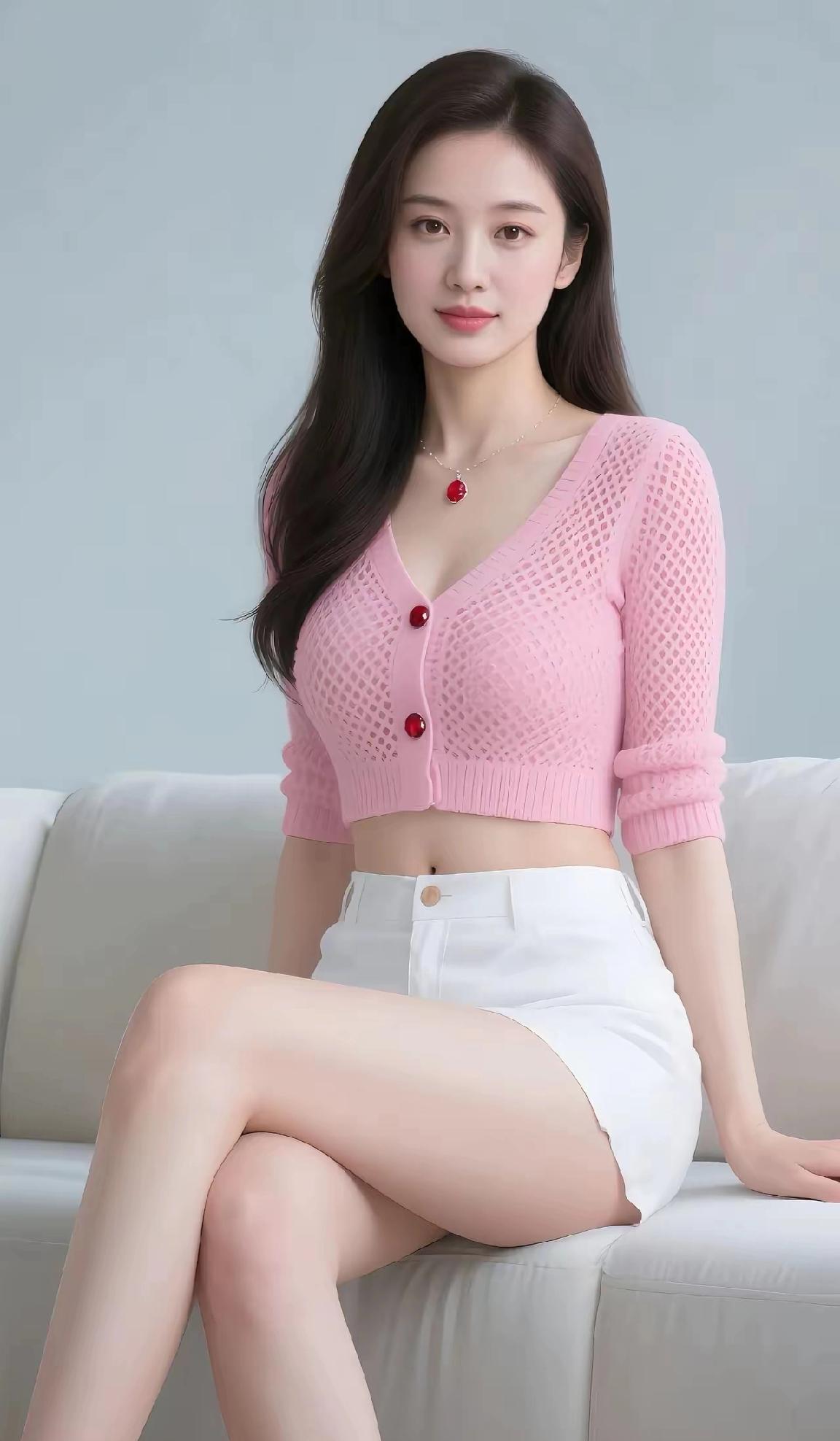 温柔甜美的粉色毛衣搭配白色短裤