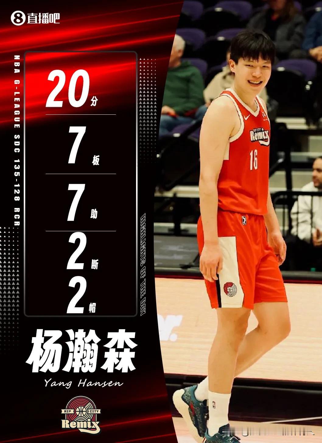 昨天刚刚被开拓者下放至发展联盟撕裂之城混音的杨瀚森，今天轰下了20分7篮板7助攻