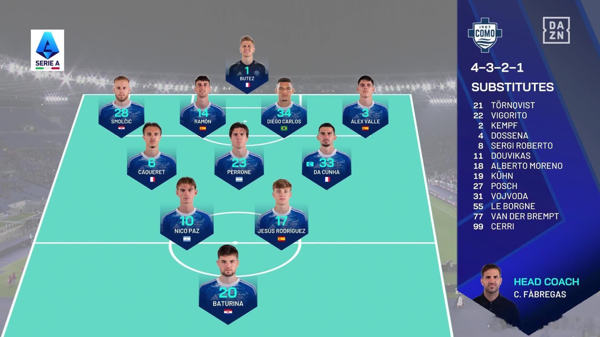 意大利媒体说科莫在客场3比0战胜拉齐奥的比赛中没有意大利球员首发，整套阵容里也只