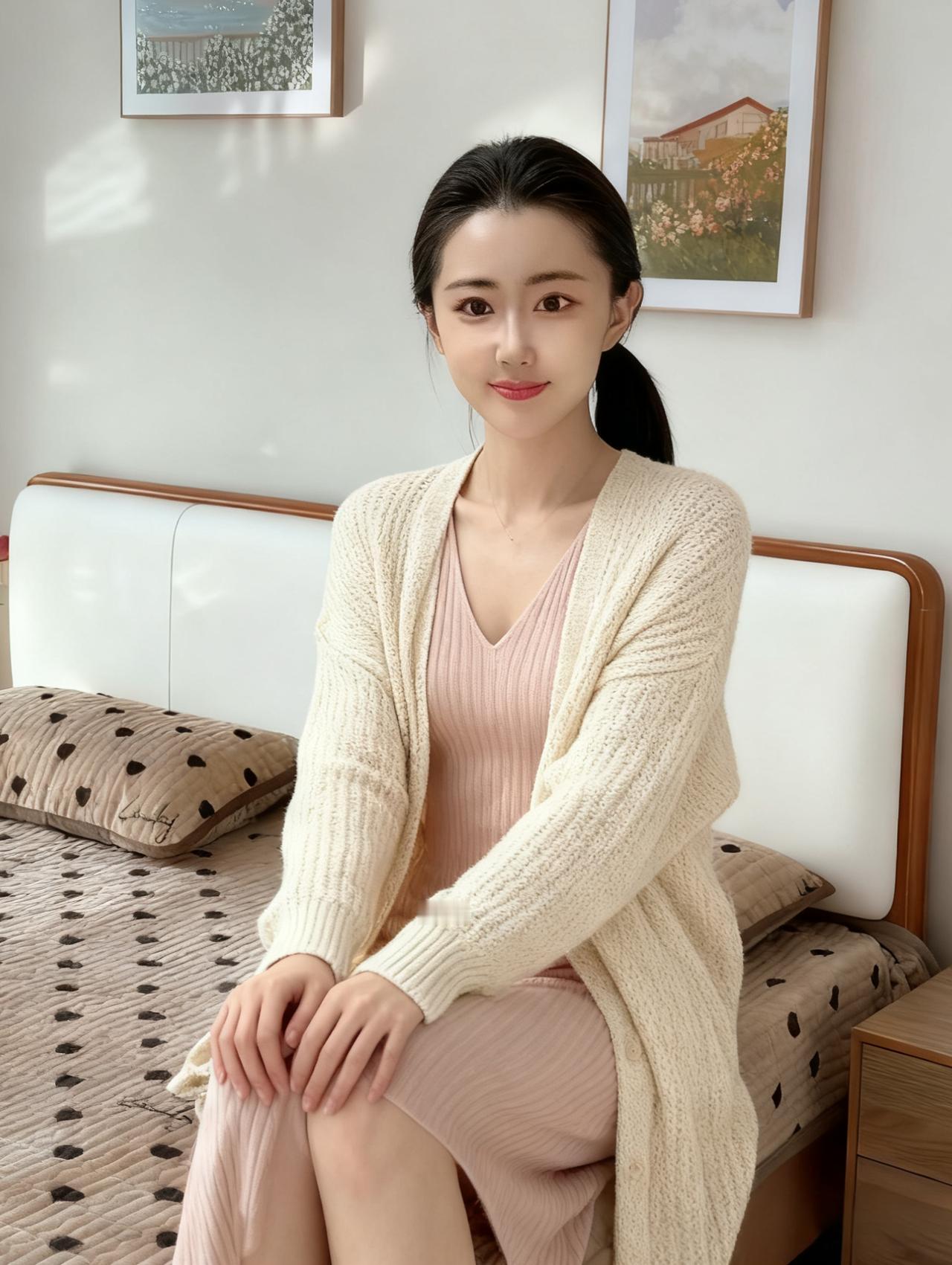 素衣粉裙坐床帏，晓日穿帘照玉肌。
长发垂肩风软处，春心暗逐彩云飞。