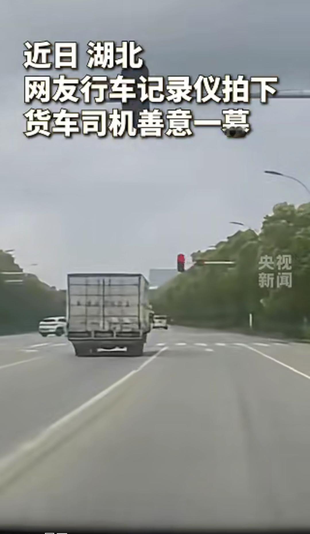 湖北武汉，男子驾车跟在货车侧方，绿灯了准备过去，突然前方货车停车并压线右转，男子