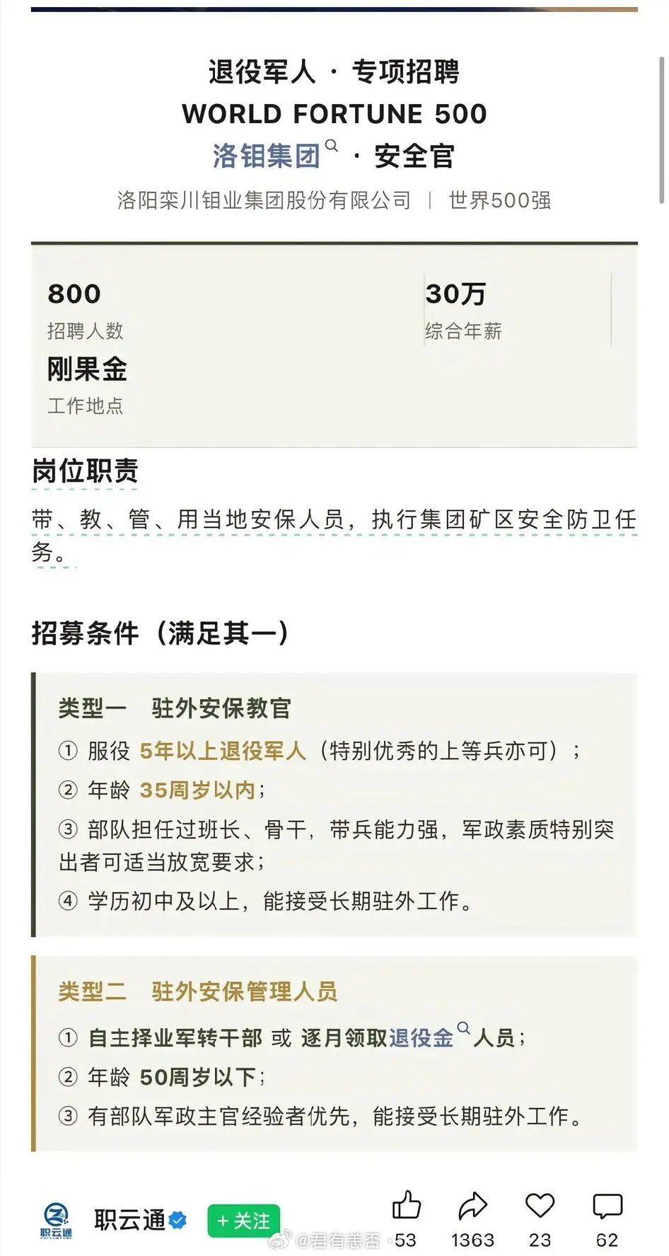 10月29日洛钼集团发布了一则招聘通知，打算招募800名退伍军人前往刚果金担任安