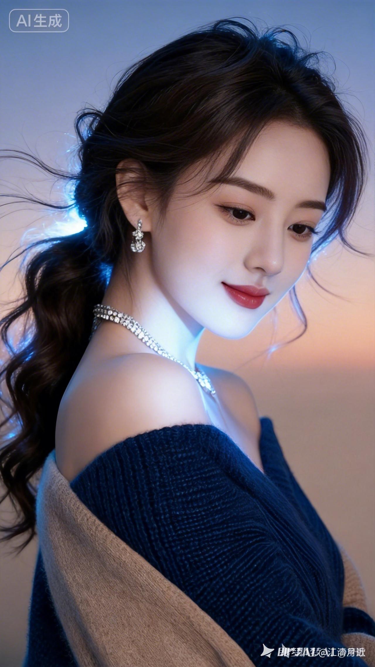 高颜质美女瓜子脸配樱桃红唇，白皙嫩肤泛光，纯淡咖底映蓝光。着深蓝驼色露肩羊绒毛衣