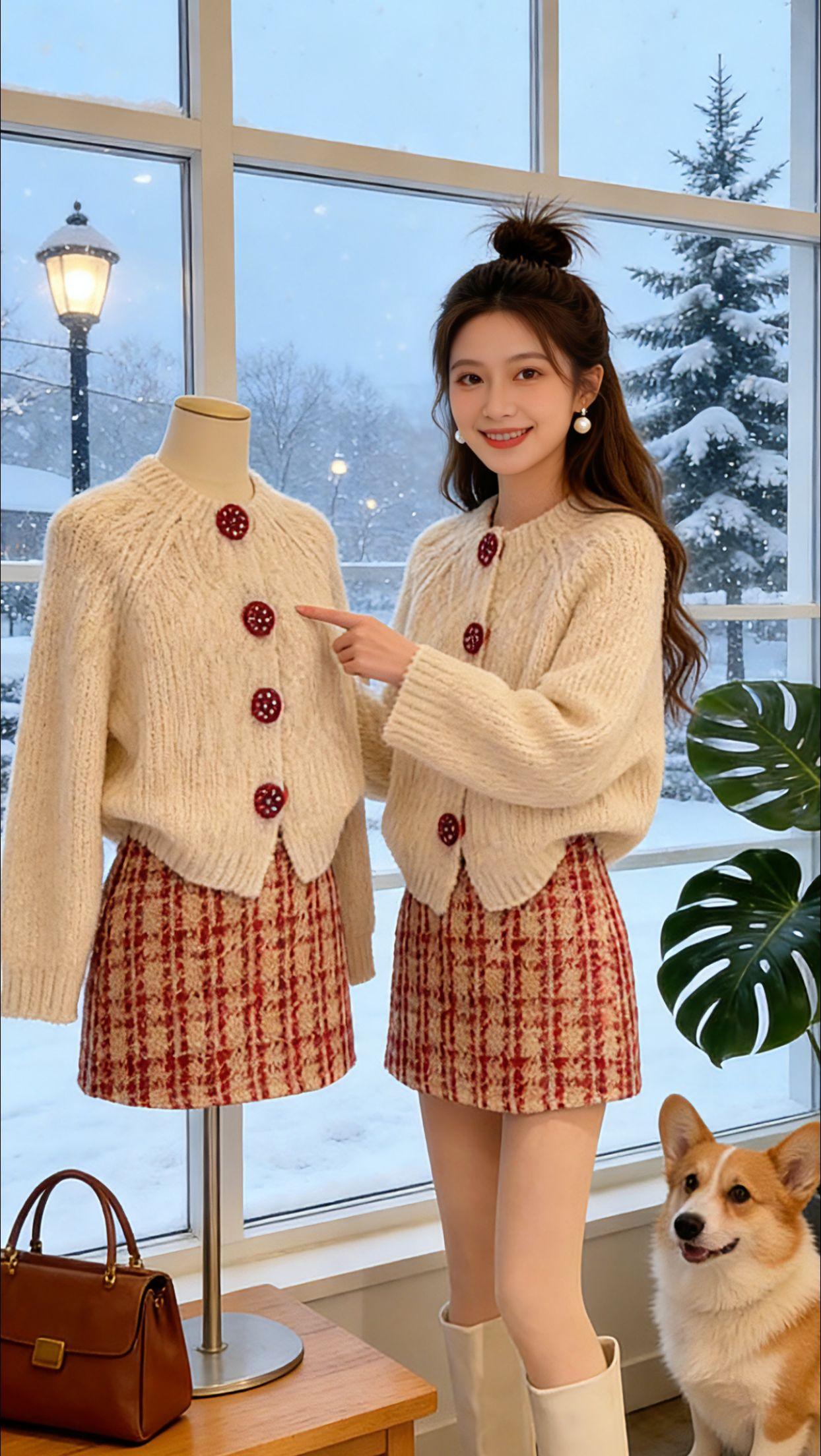 Danny周末和闺蜜逛完街躲进暖乎乎的咖啡馆，身上这套米白针织开衫+红格半裙被问
