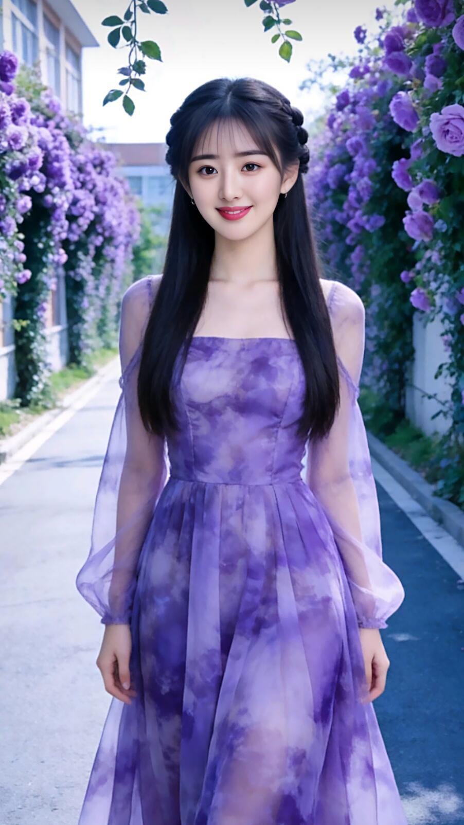 紫衣美人倚花丛，笑语盈盈动春光。