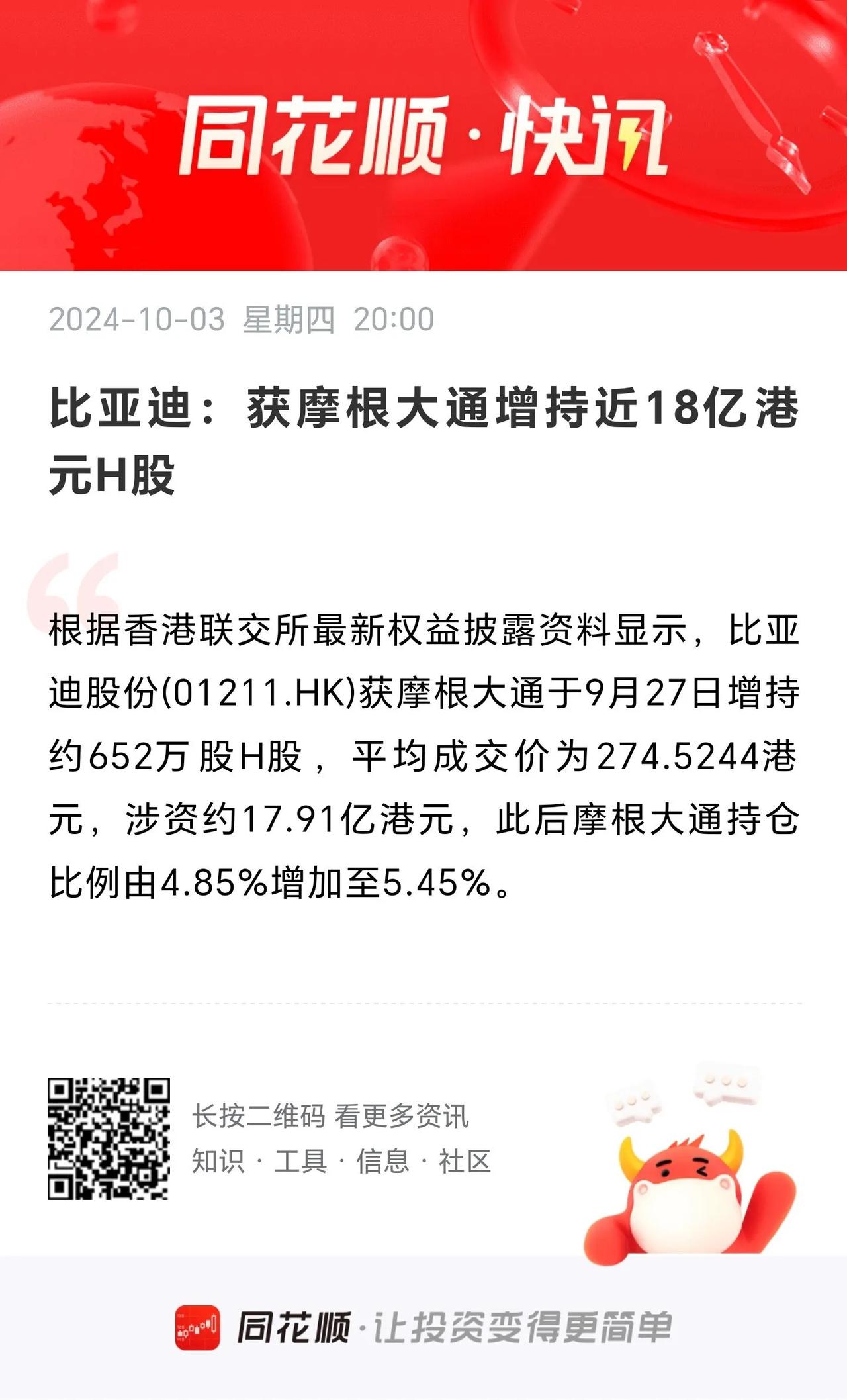 比亚迪：获摩根大通增持近18亿港元H股。
           外资还是真金白银