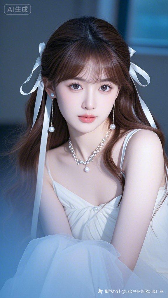 妙龄女子秀眉弯弯，栗棕长发系丝带温婉甜美。一袭长裙萦绕梦幻气息，美眸藏着神秘柔光