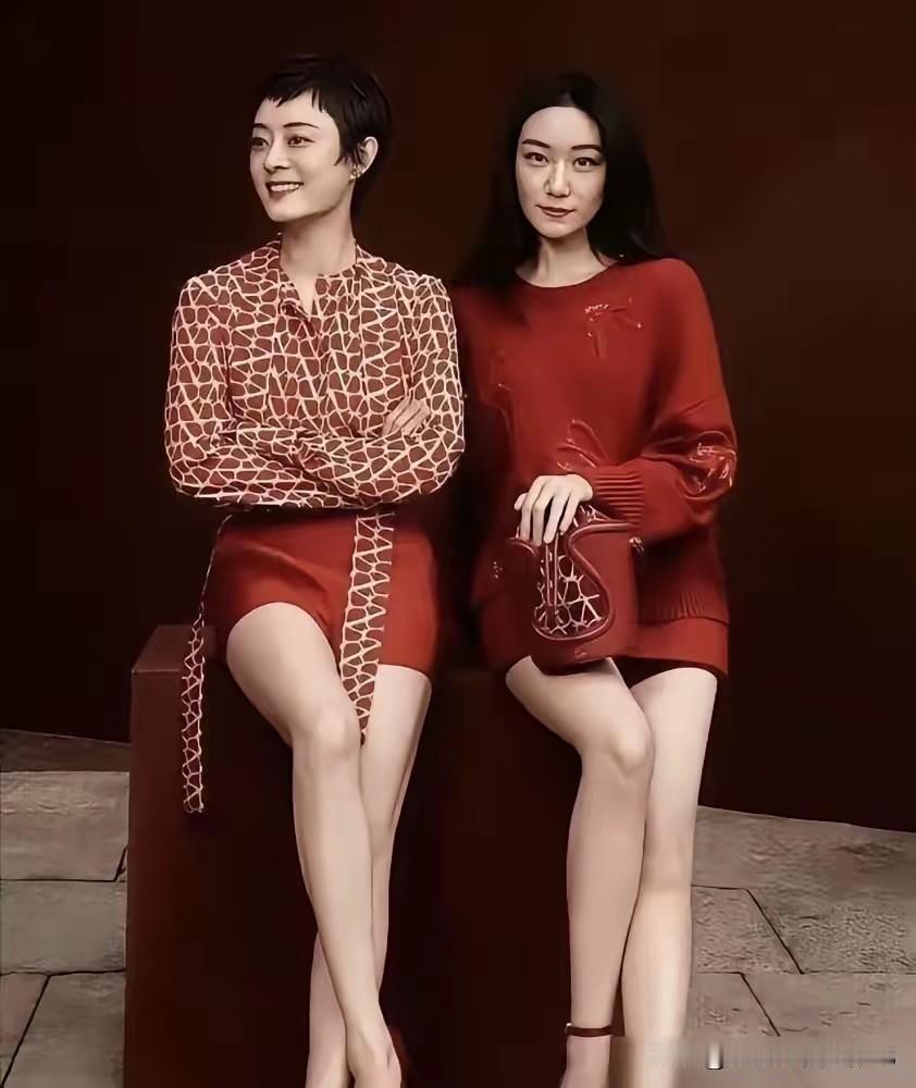 都穿同色系的服装，留着长发造型的妹妹看起来比姐姐孙俪更有女人味一些，妹妹脸型比较