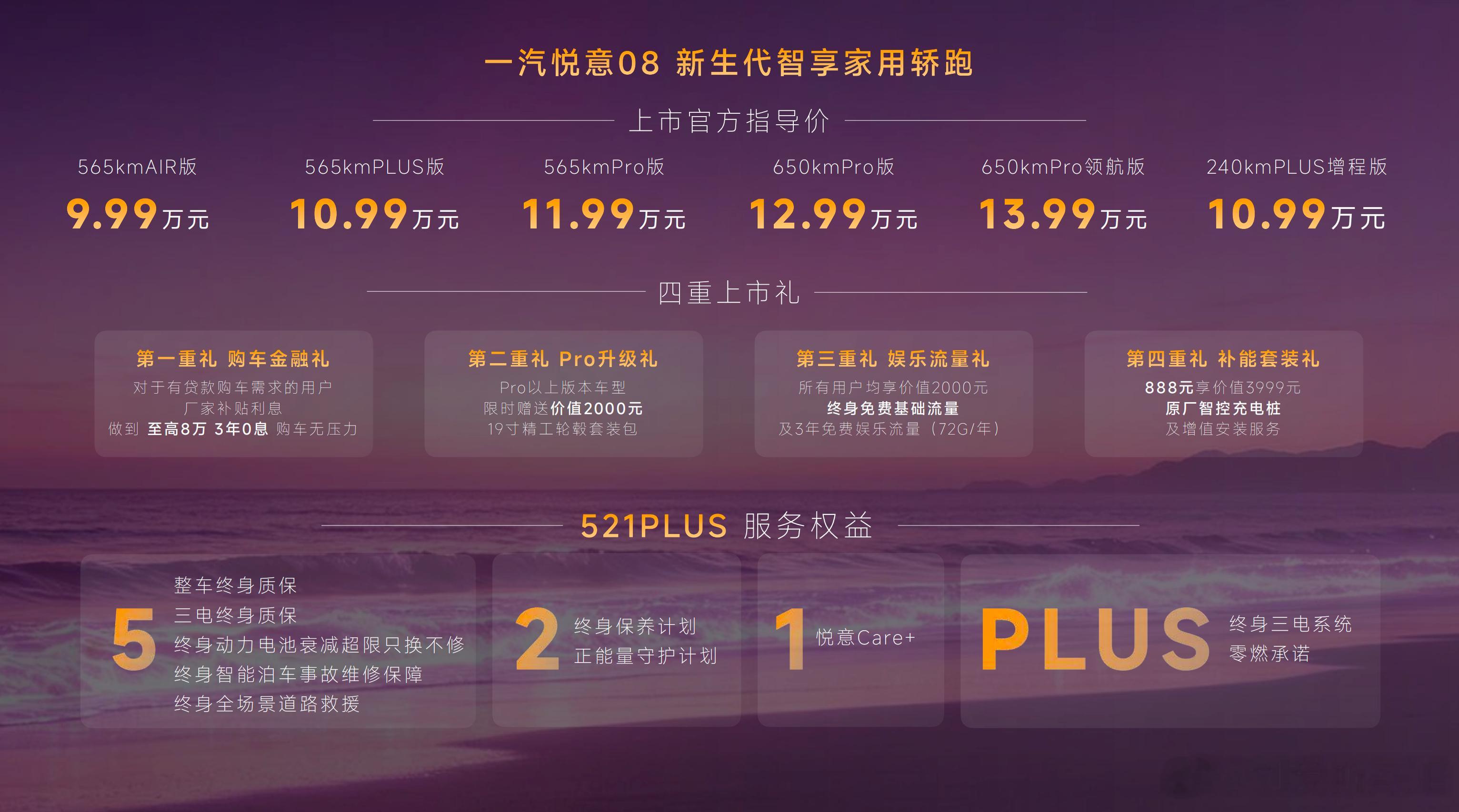 悦意08昨晚在长春车展上市了，9.99万起。增程纯电都有，800V平台，5.9秒