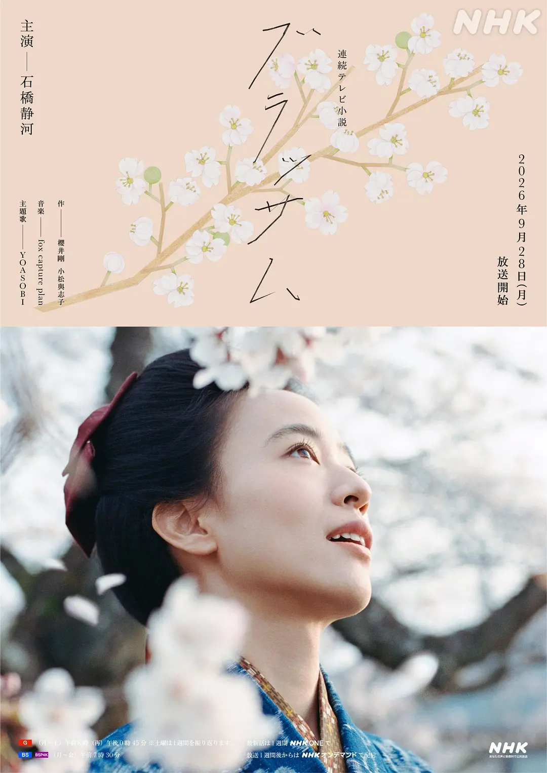石桥静河主演的NHK晨间剧《花朵盛开》发布海报，影片片头曲《咲き誇れ》由YOAS