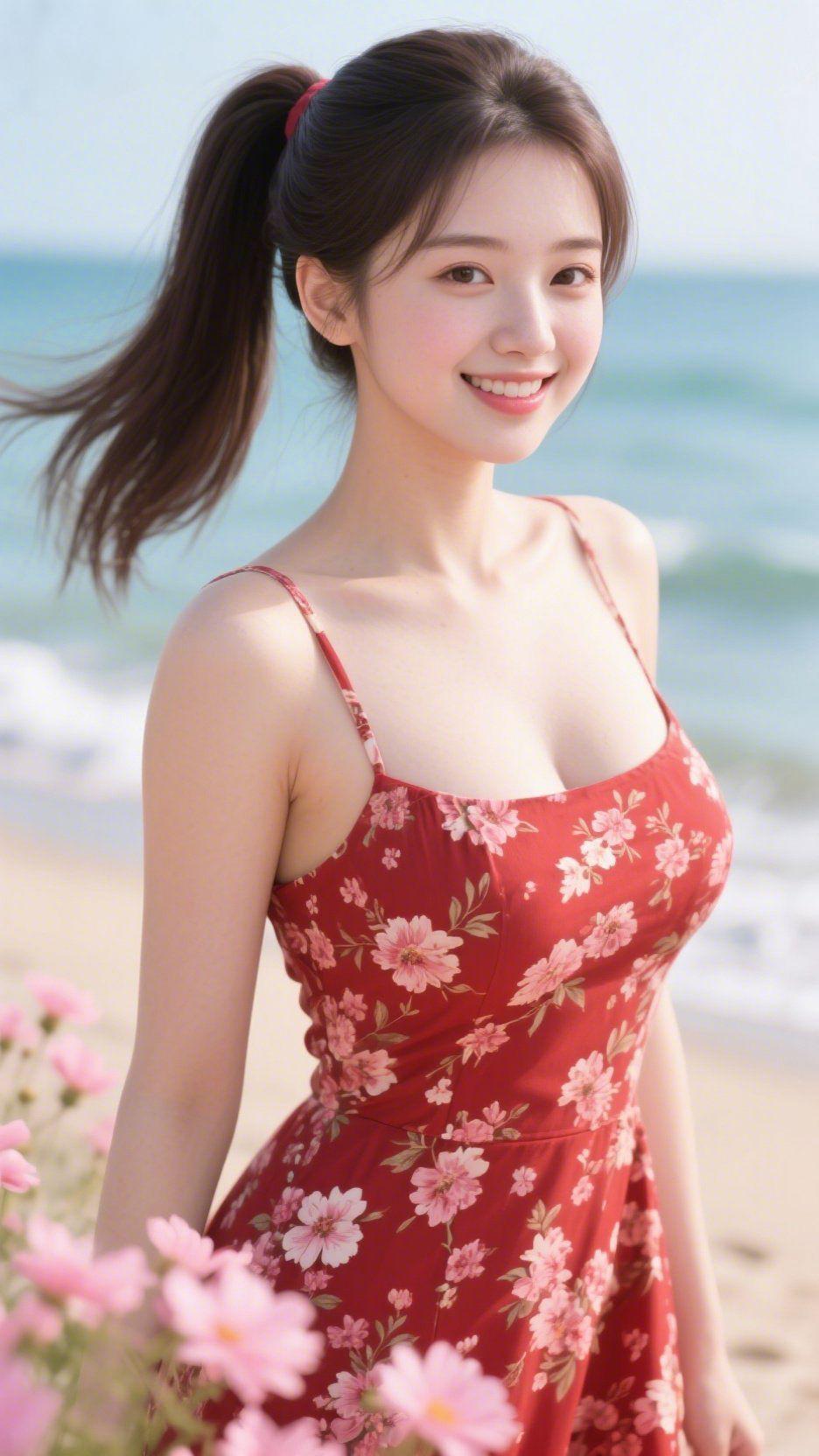 《红裙裹夏风》
 
海风携着咸暖气息，掠过她高束的马尾，发梢在浅蓝天幕下漾开轻缓