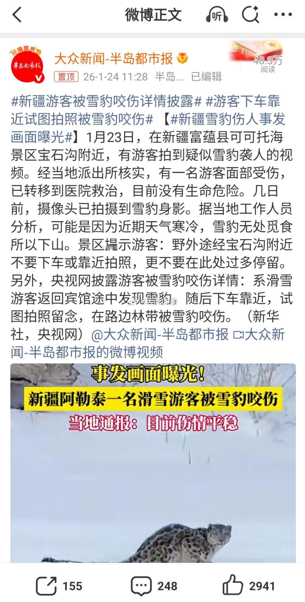 新疆雪豹伤人事发画面曝光平时那些可爱的画面太多，很多人把雪豹当猫了。，完全忘了它