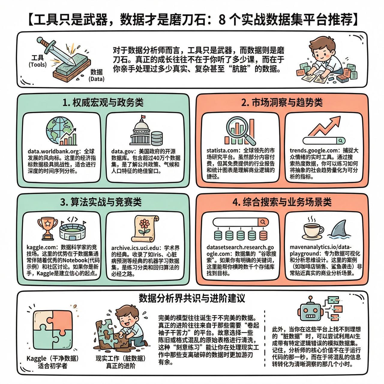 【工具只是武器，数据才是磨刀石：8 个实战数据集平台推荐】

对于数据分析师而言