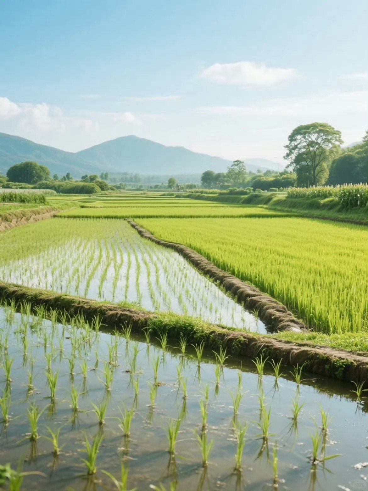 晴日秧田铺镜面，青山云影入田间。 