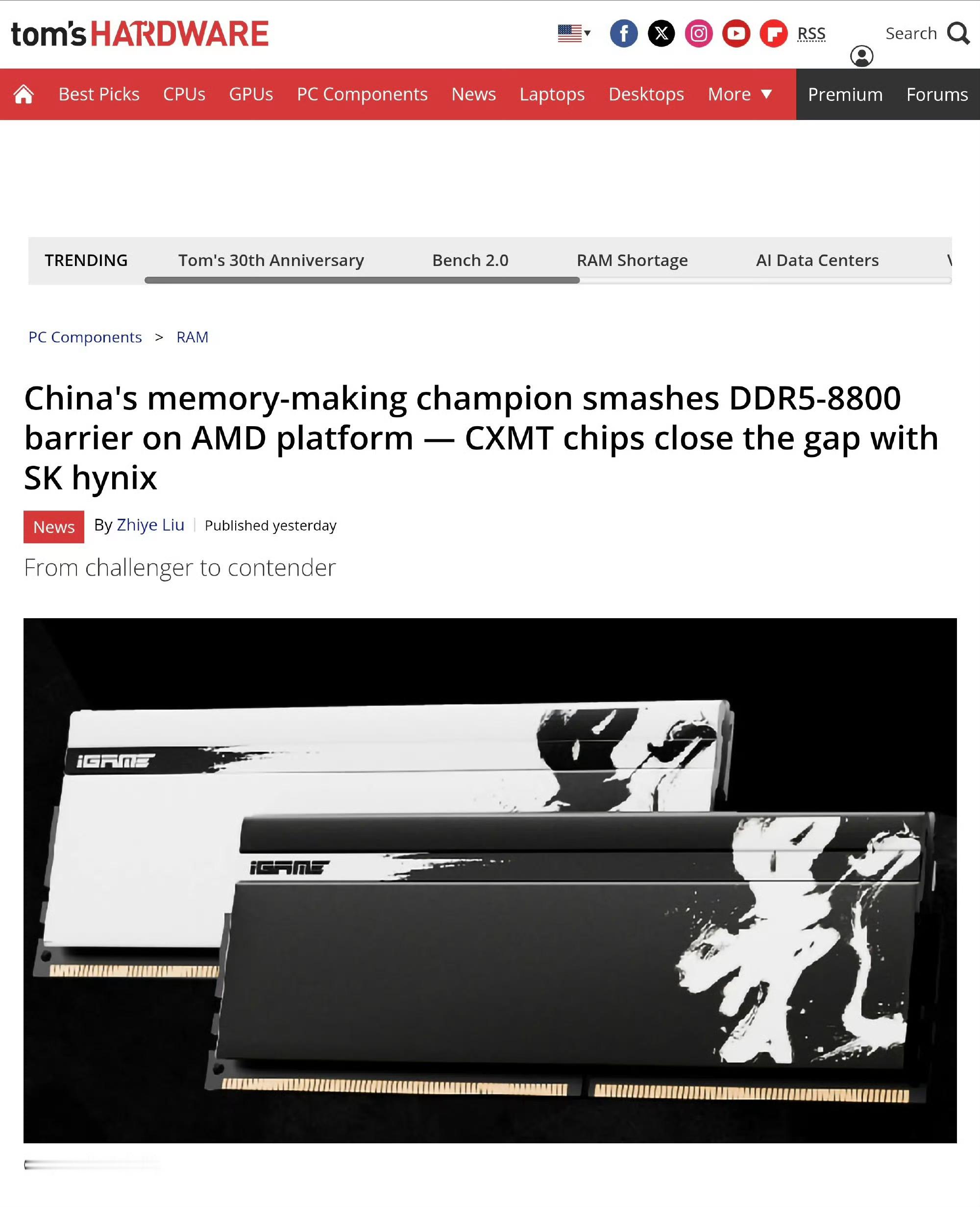 国产DDR5再破天花板。七彩虹官方公布，搭载长鑫存储颗粒的iGame Shado