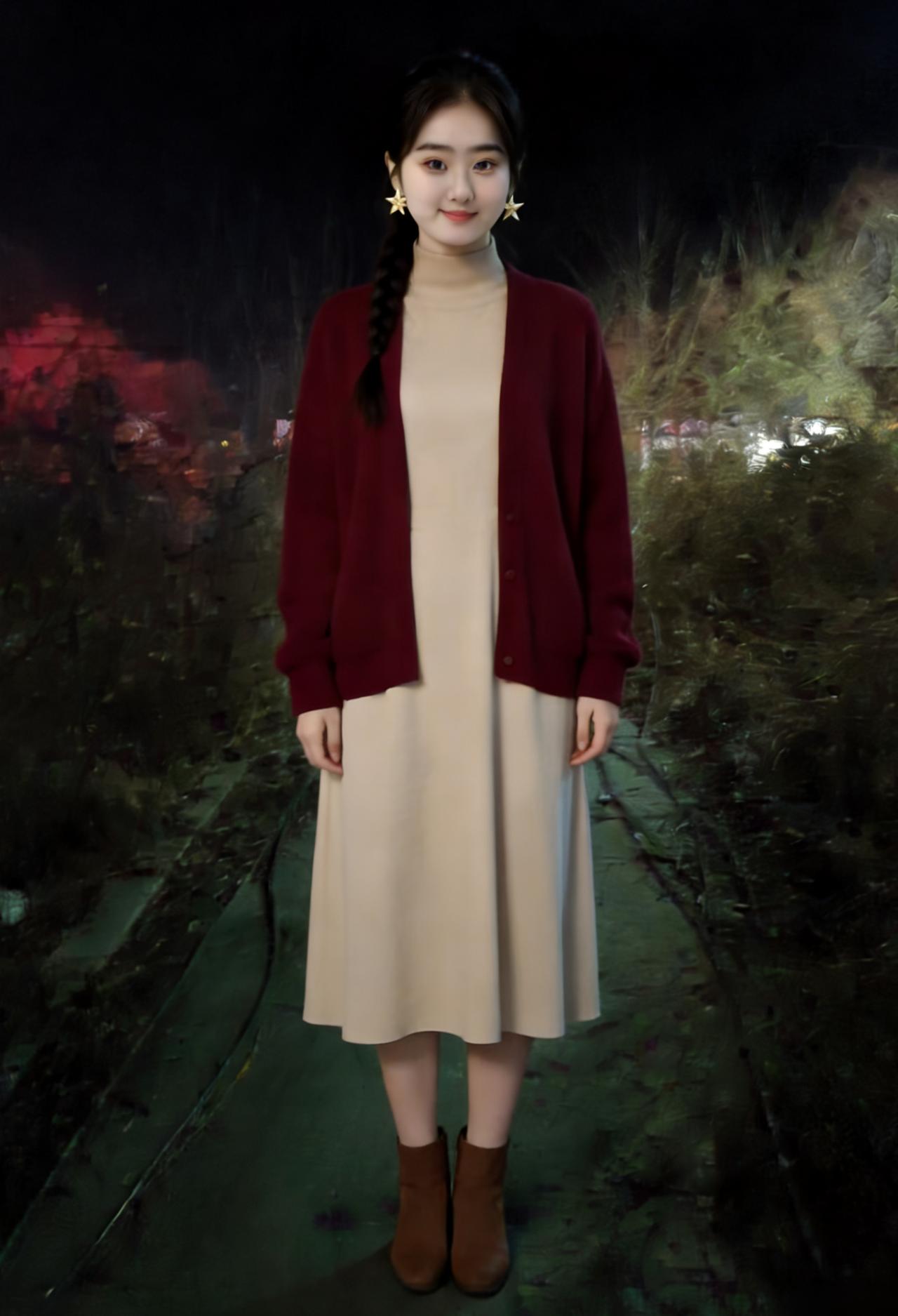 河畔寒灯映素冰，佳人衣袂惹霞升。
纵然朔气凝千丈，难掩玉足踏雪行。