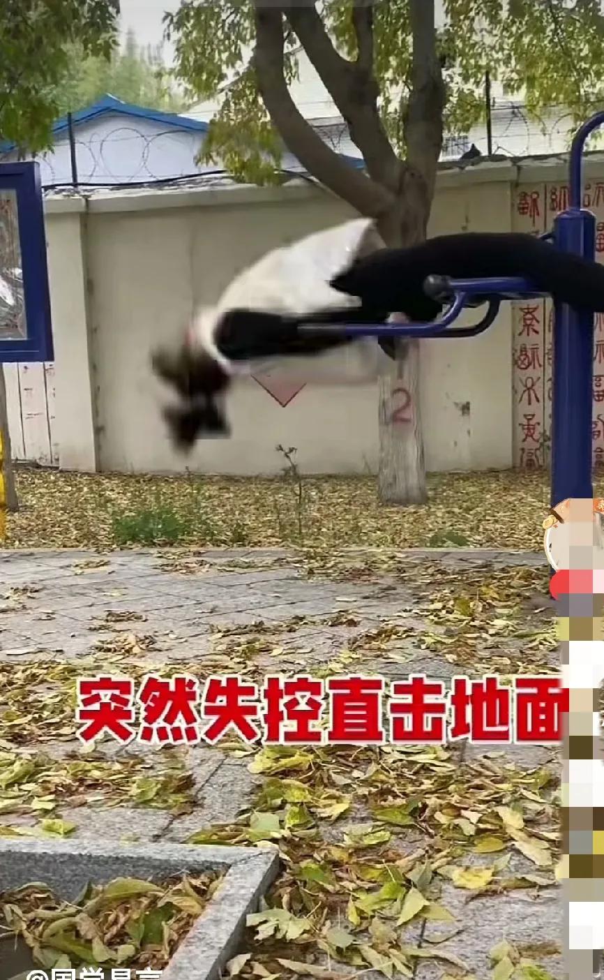 这个健身器材还能这样玩，大妈在公园健身，因为动作幅度太大了，导致头猛烈的撞击到地