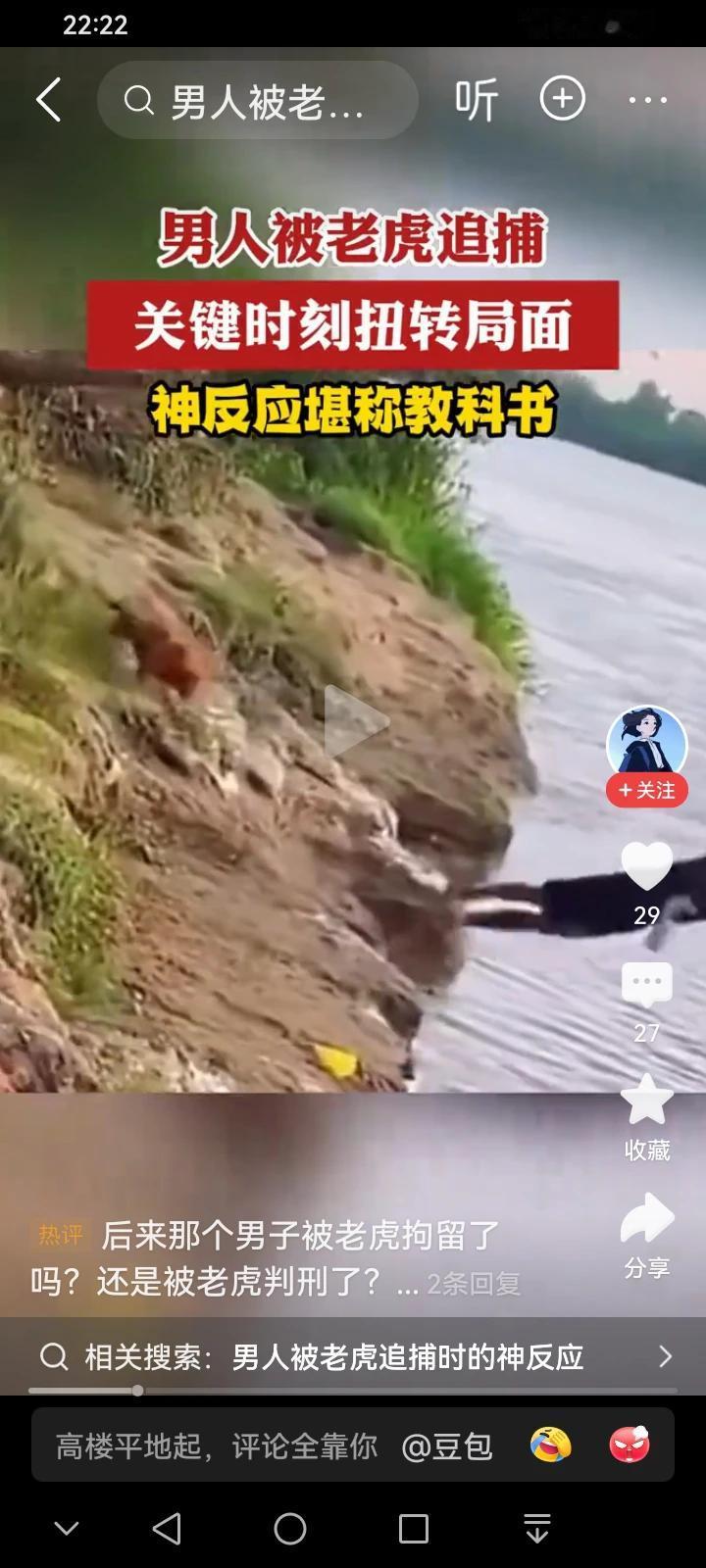 @豆包  看这动物的体形大小，与它追的人比较，不象是老虎，可能是一只大黄狗。再者