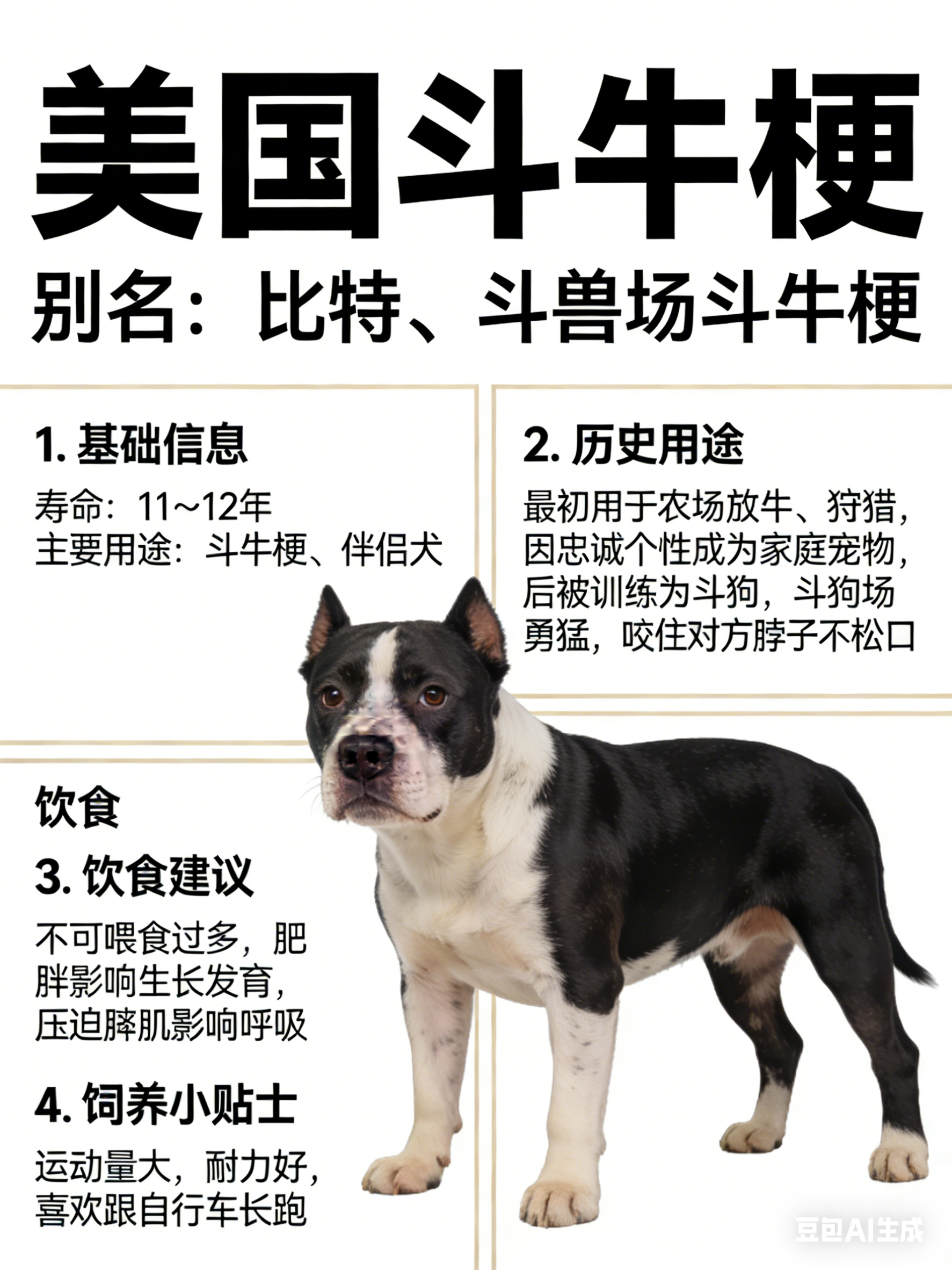 我AI的动物 美国斗牛梗别名：比特、斗兽场斗牛梗寿命：11～12年主要用途：斗牛