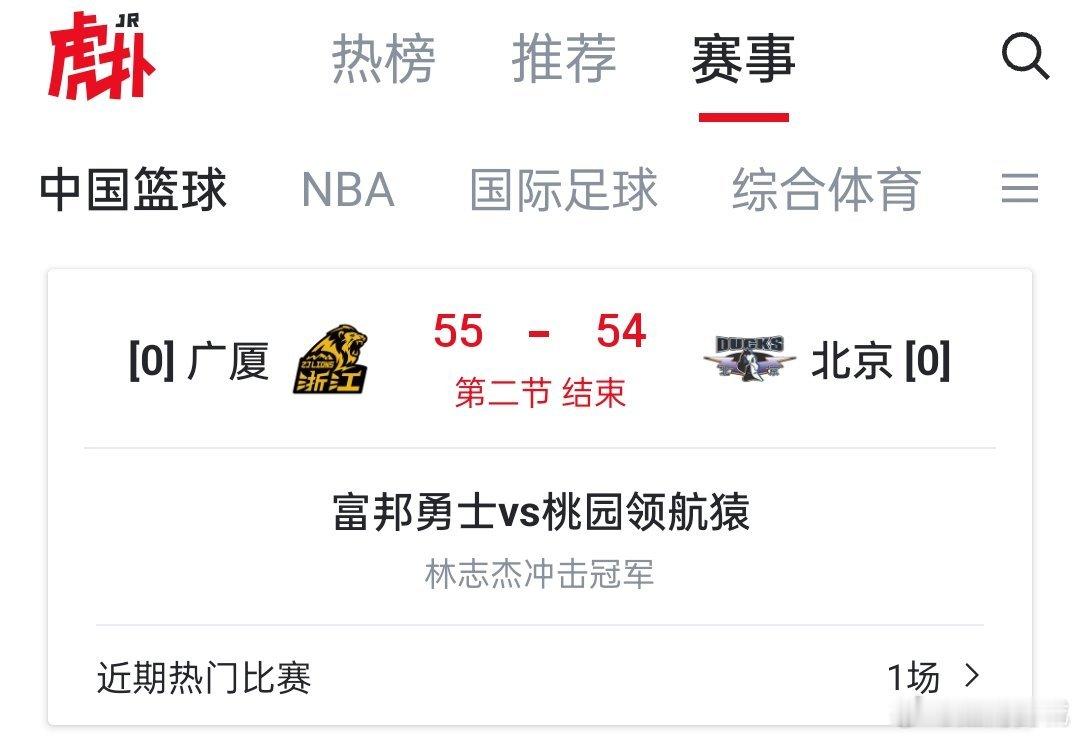 截至目前，全国最专业的篮球论坛虎扑体育，仍然显示浙江方兴渡领先北京北汽一分。[摊