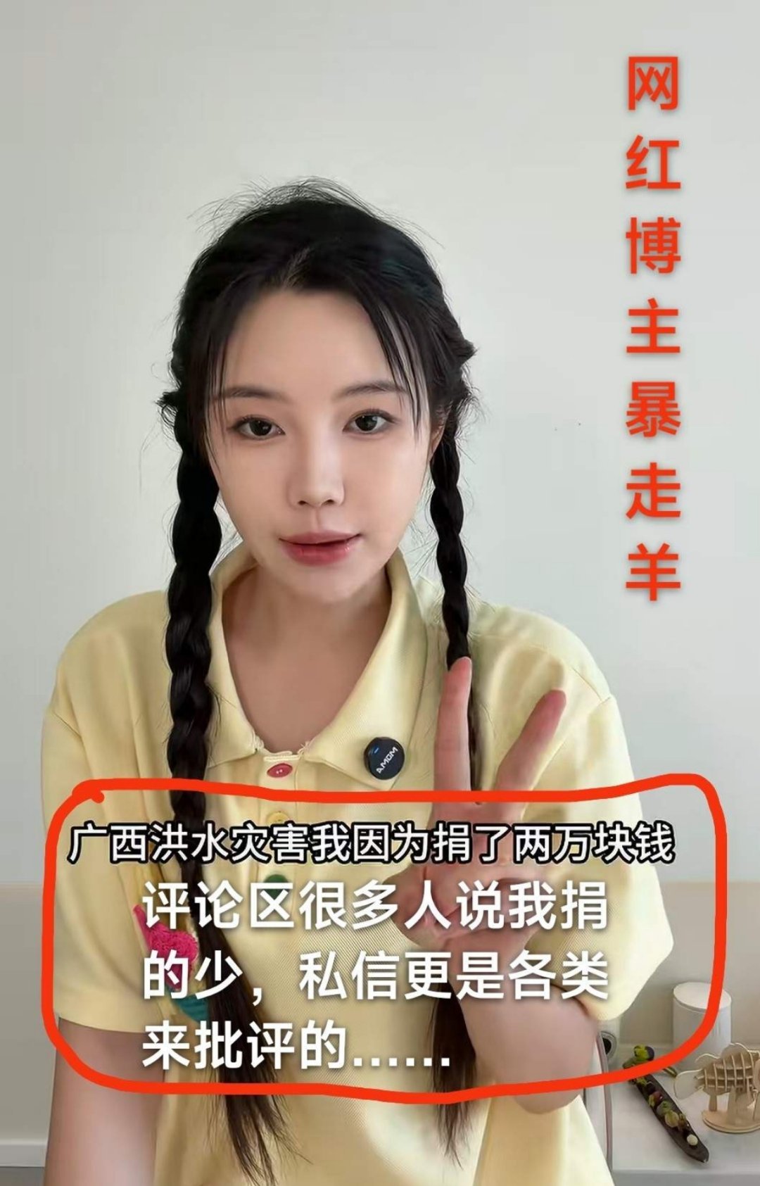百万博主捐2万被骂别用金额绑架善举拥有200多万粉丝的博主“暴走羊”，为广西洪涝