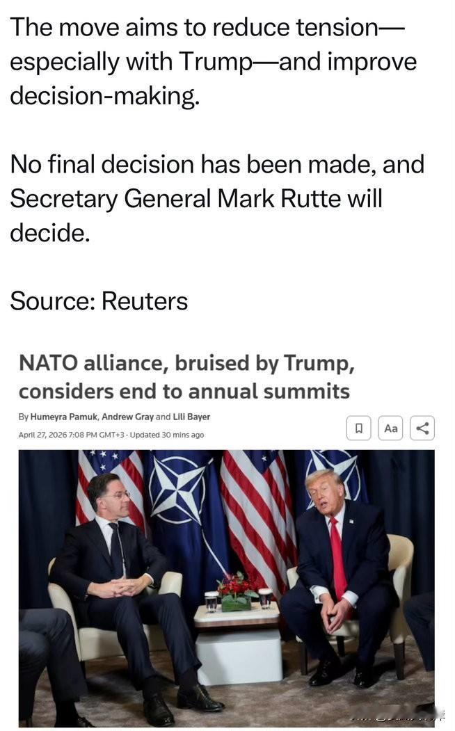 受川普冲击的北约，正考虑取消年度峰会。
此举旨在缓解紧张关系——尤其是与川普之间