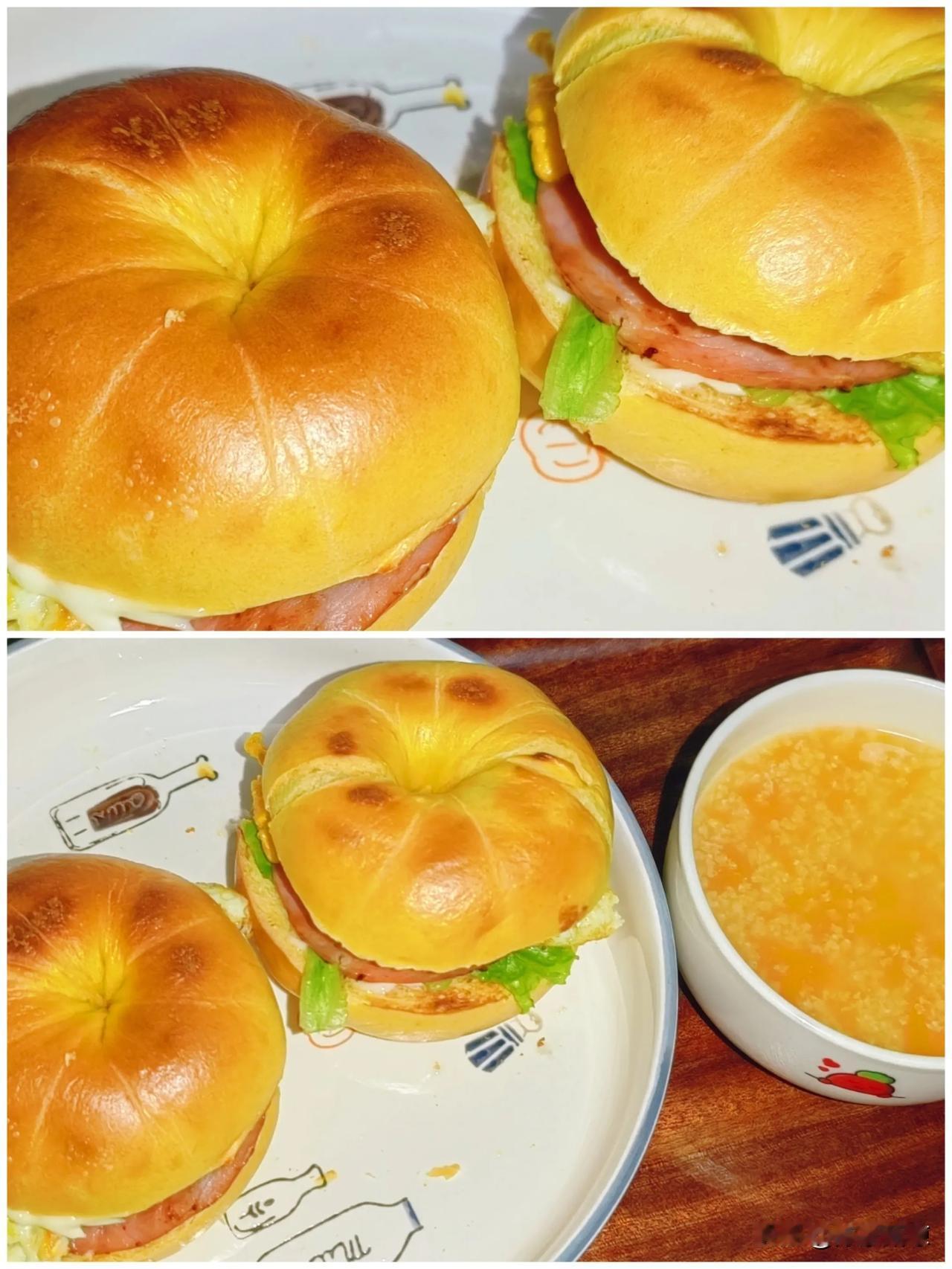 高二娃的早餐
昨天本打算做蒸南瓜馒头的，团子同学要吃豆沙馅的烤馒头，就临时改了。