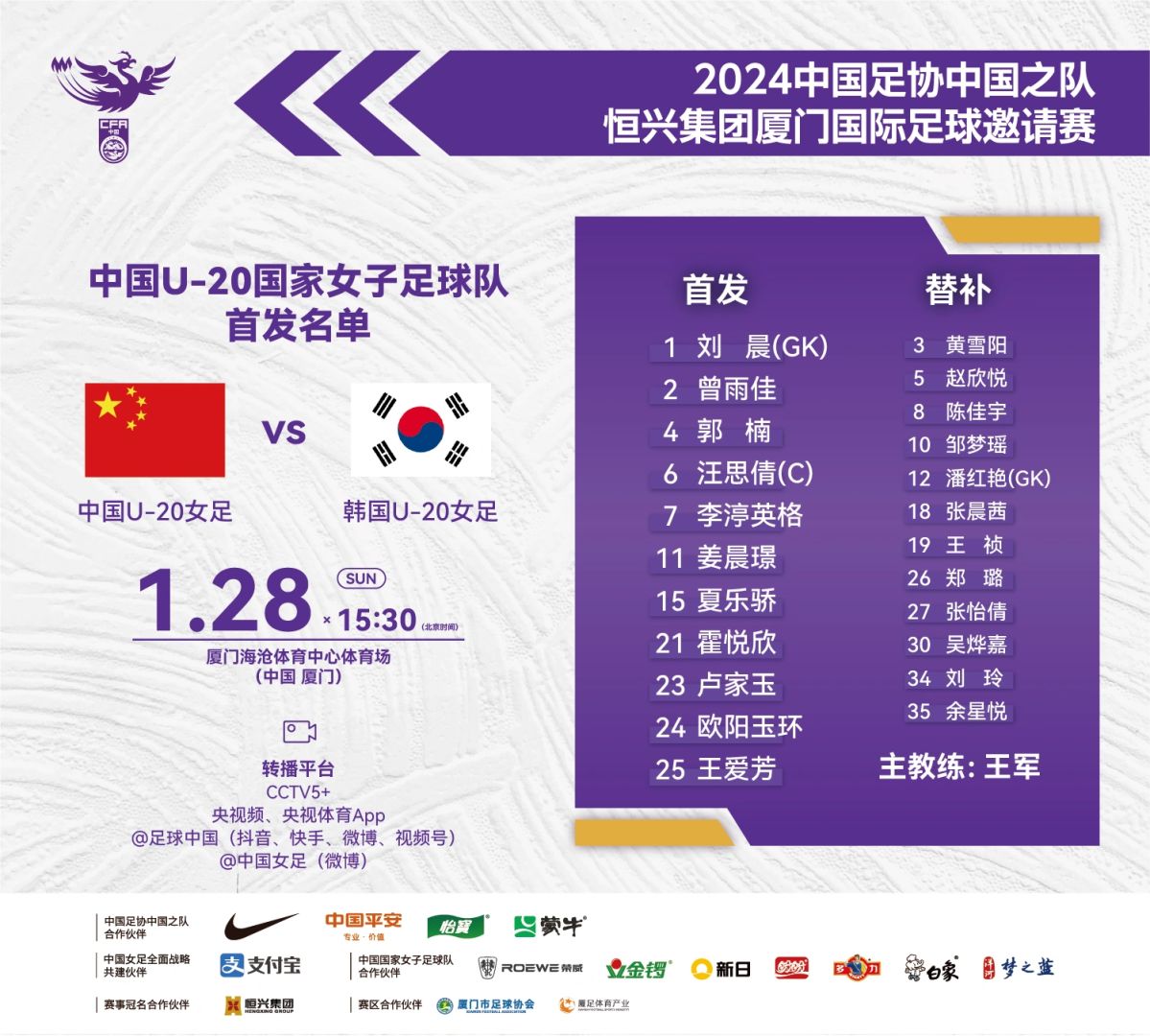 中国U-20vs韩国U-20 首发阵容
