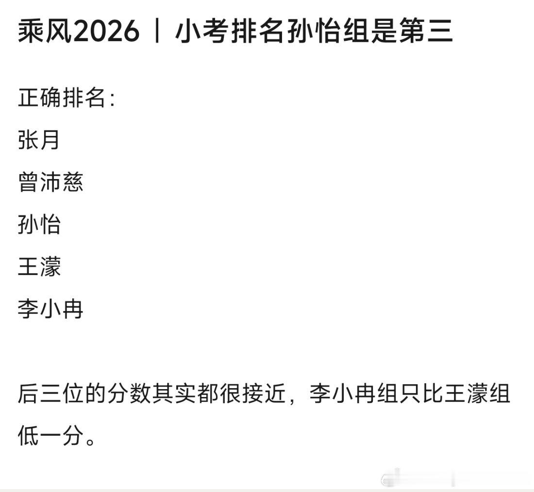 浪姐五公小考排名：张月曾沛慈孙怡王濛李小冉后三位的分数其实都很接近，李小冉组只比