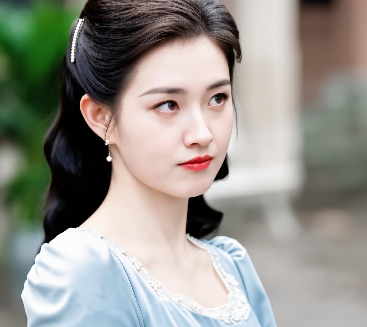 眉如远山含黛，目似秋水横波，鼻梁挺直精致，唇瓣小巧莹润，组合在一起，是一种超越了