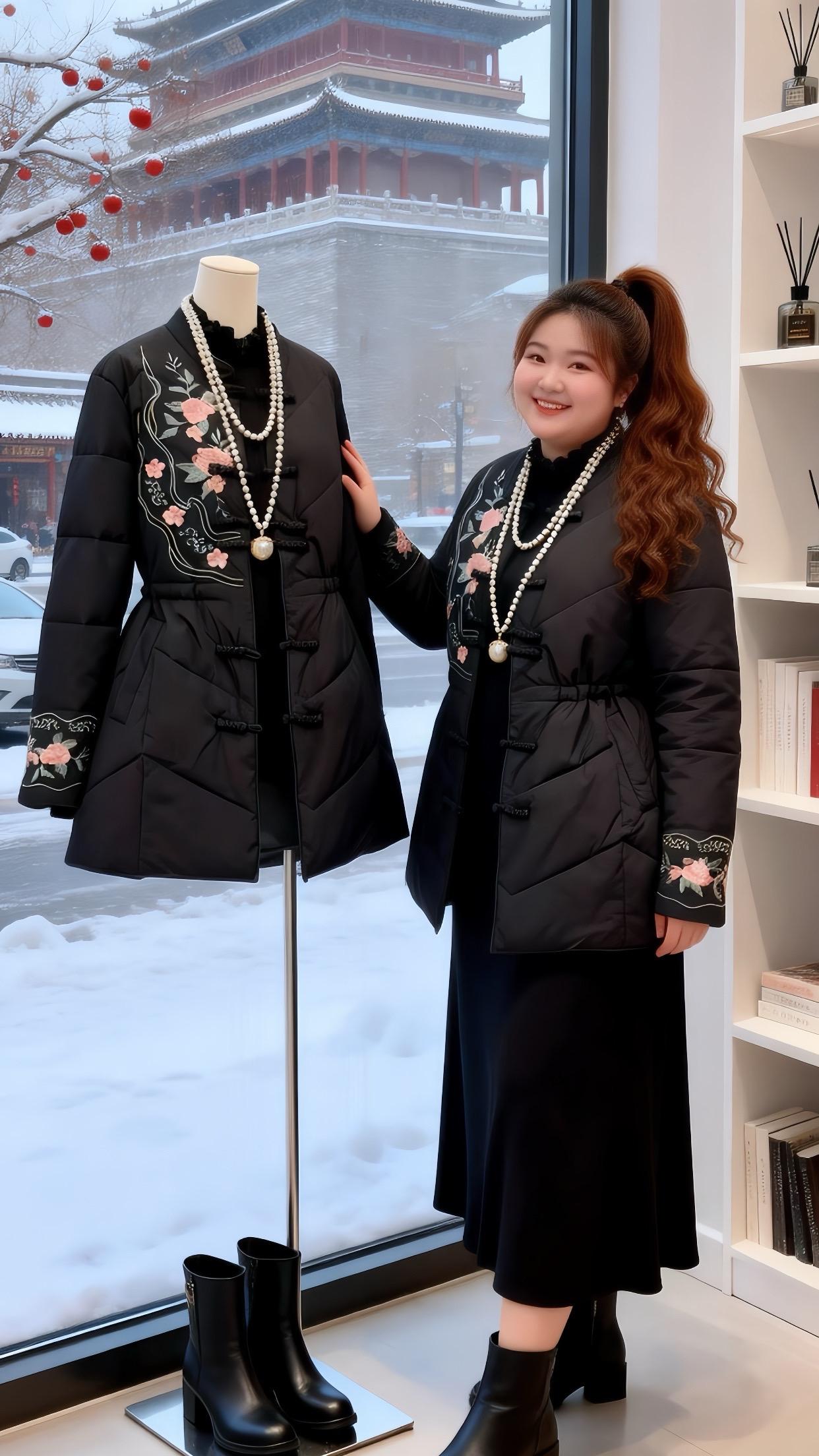 大码女装 国风棉服胖妹妹的冬季有效穿搭新年好运红我先穿上了 棉服也能穿出时尚感