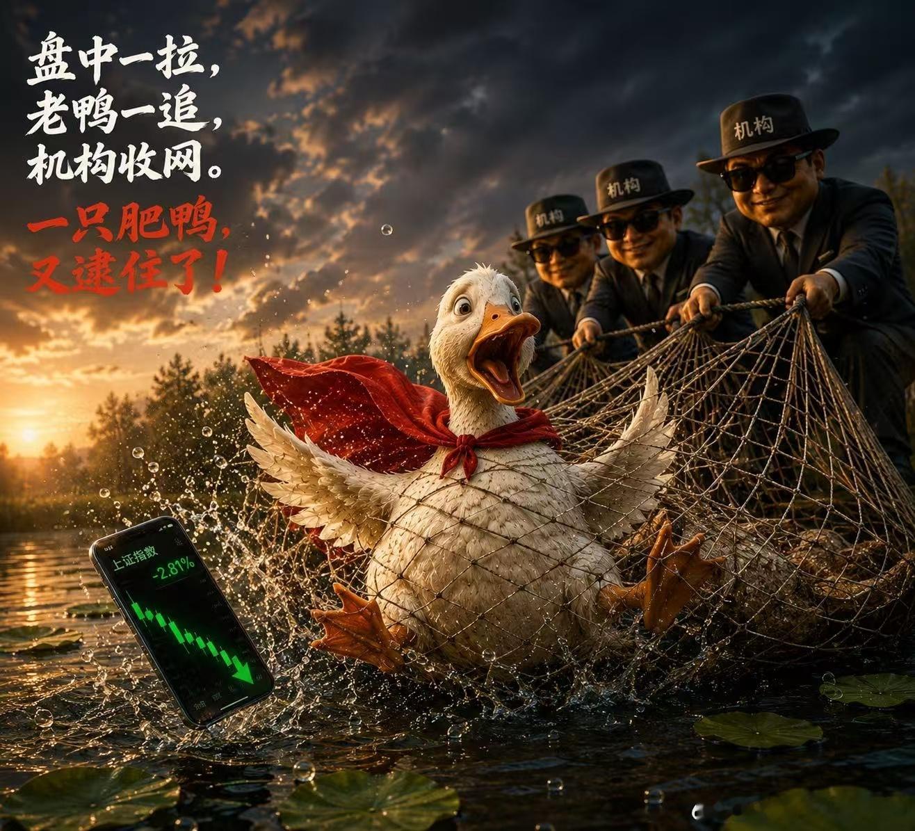 一只肥鸭，又逮住了。上证创业板，下午双双回落。市场大机构大主力，又下了手好棋。明