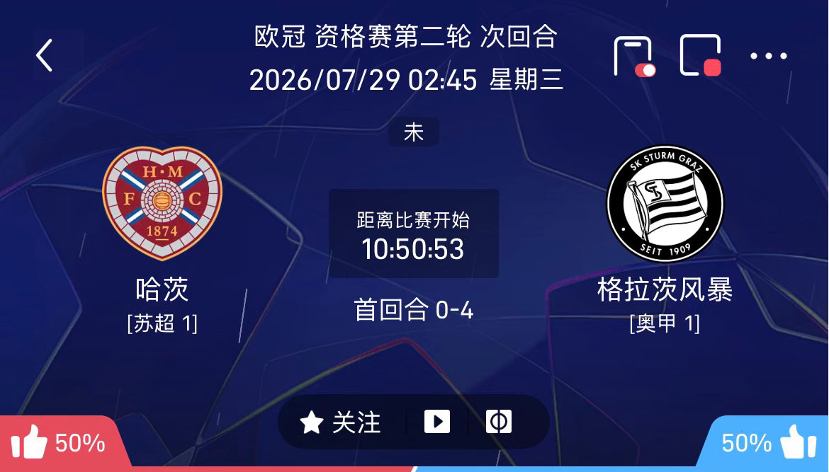 周二002：欧冠    哈茨 VS 格拉茨风暴2026.7.29    02：4