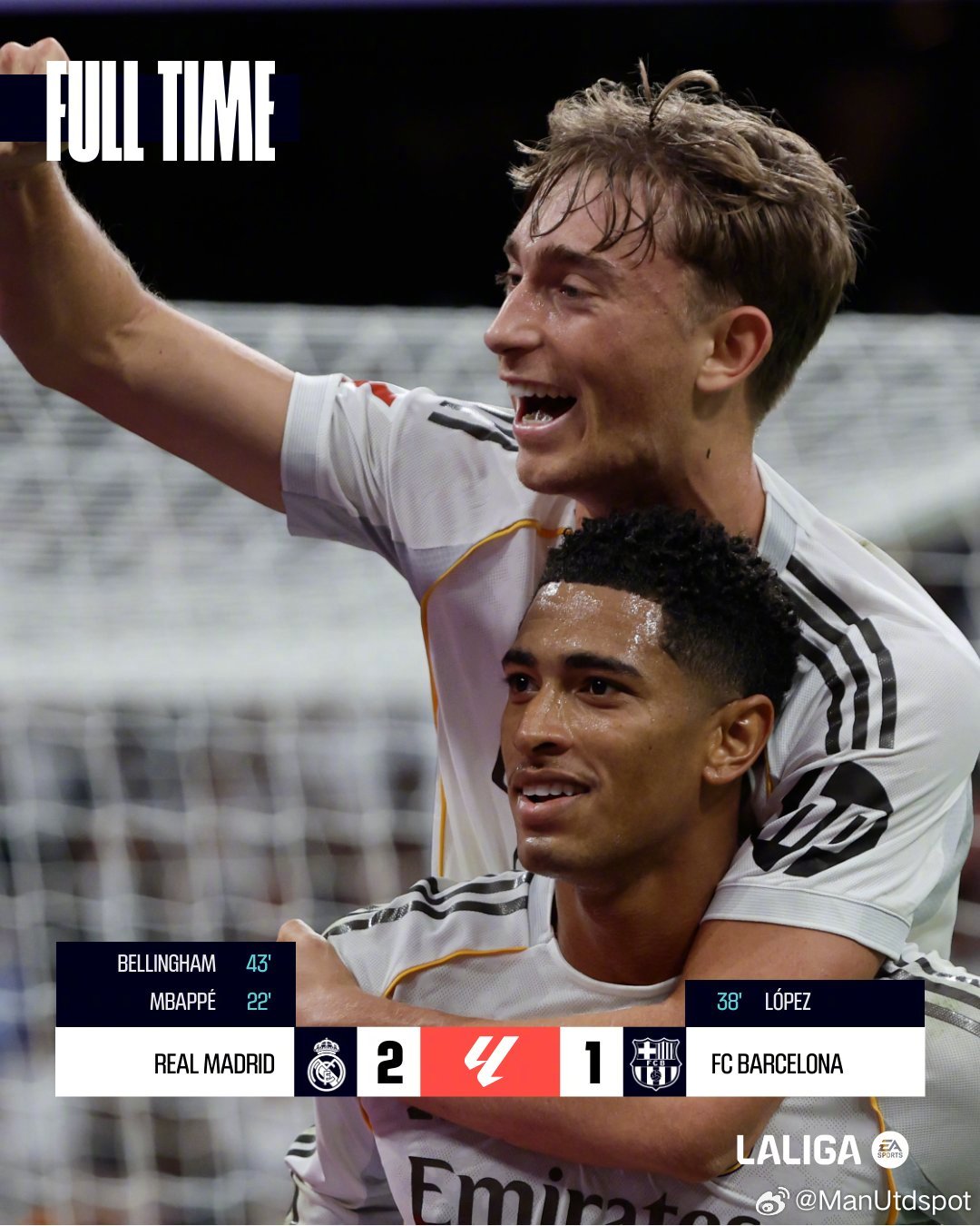 周日焦点战⚽西班牙国家德比，皇马主场2比1战胜巴萨。姆巴佩为皇马取得领先，拉什福