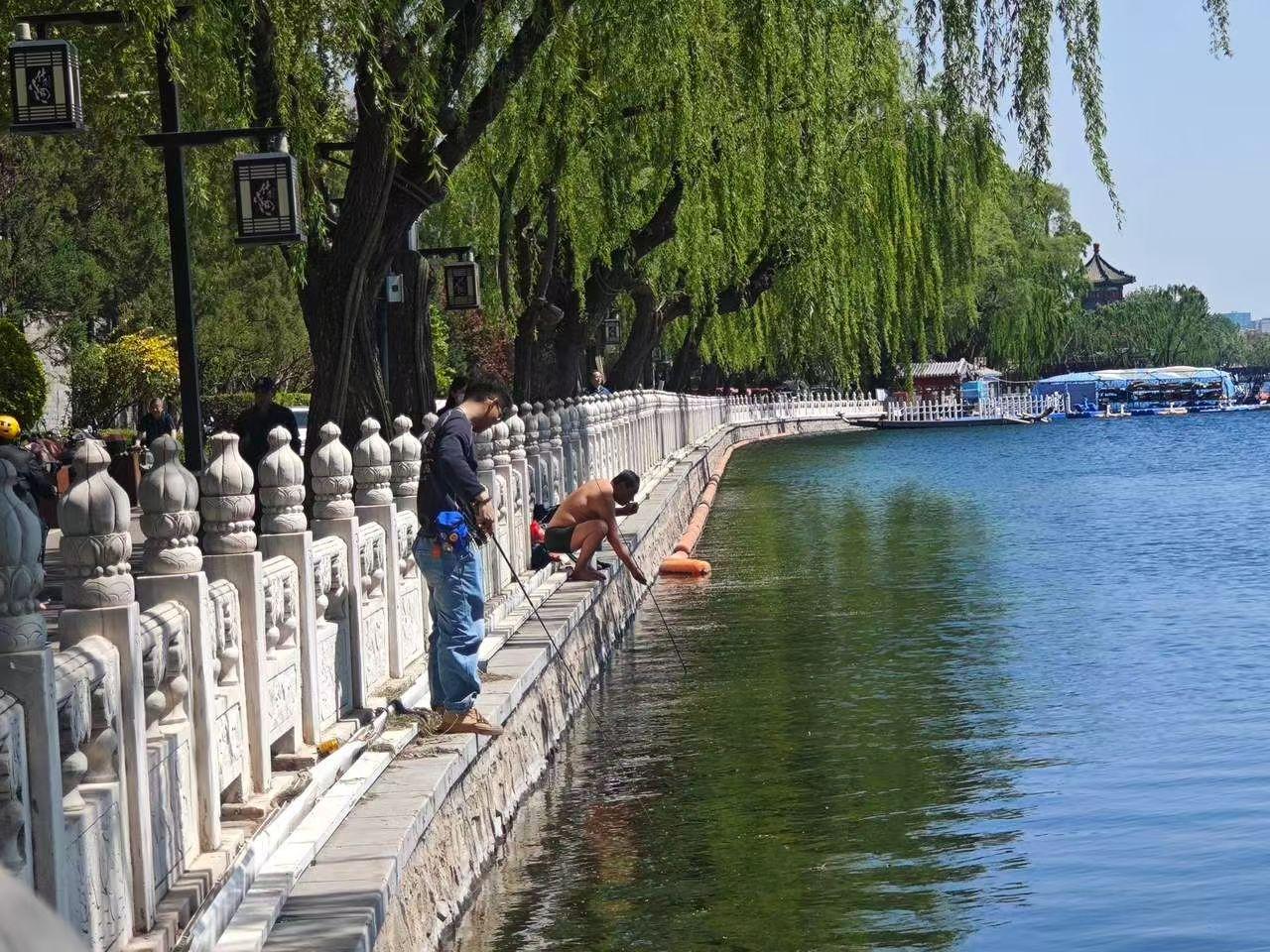 那天，去北京老城的后海，参观宋庆龄故居，见几位垂钓者临岸蹲坐，鱼竿垂入碧水，周身