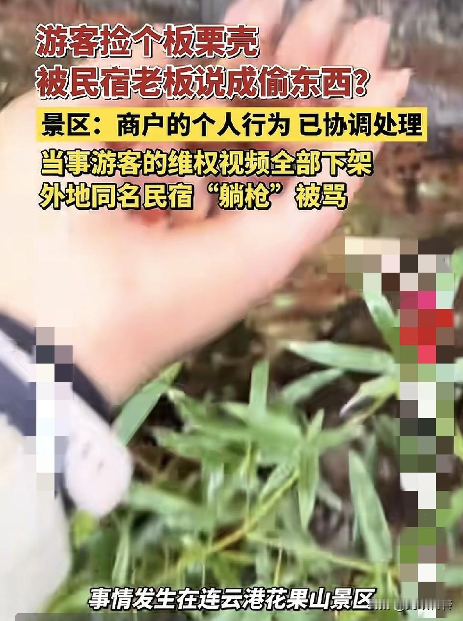 连云港花果山景区一名游客捡拾地上掉落的板栗。就被路边商店的老板娘诬告为偷窃。这个
