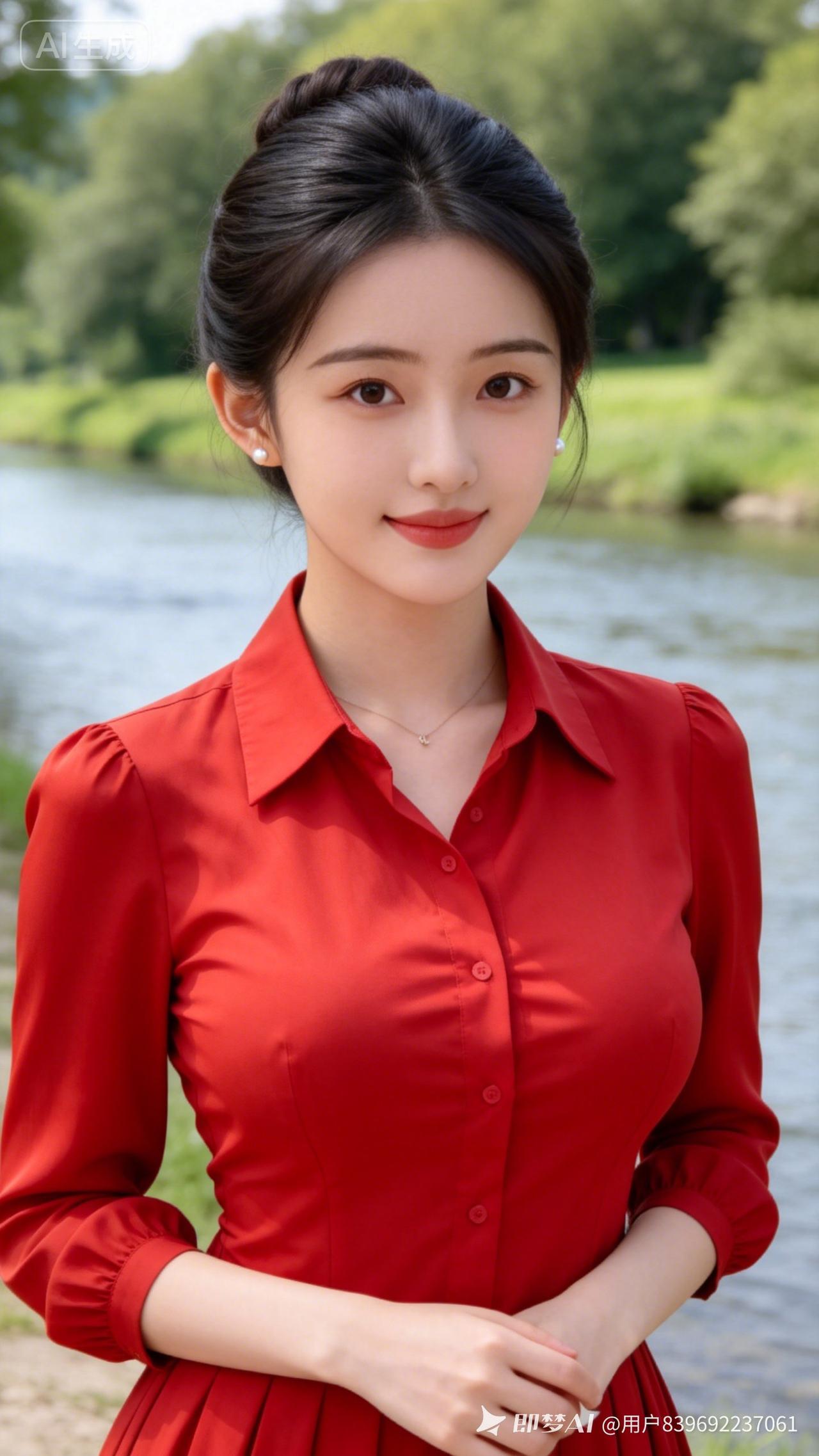 女子利落盘发，身着正红衬衣，成套珍珠耳坠项链温润雅致，静立河畔，清浅水光衬身姿，