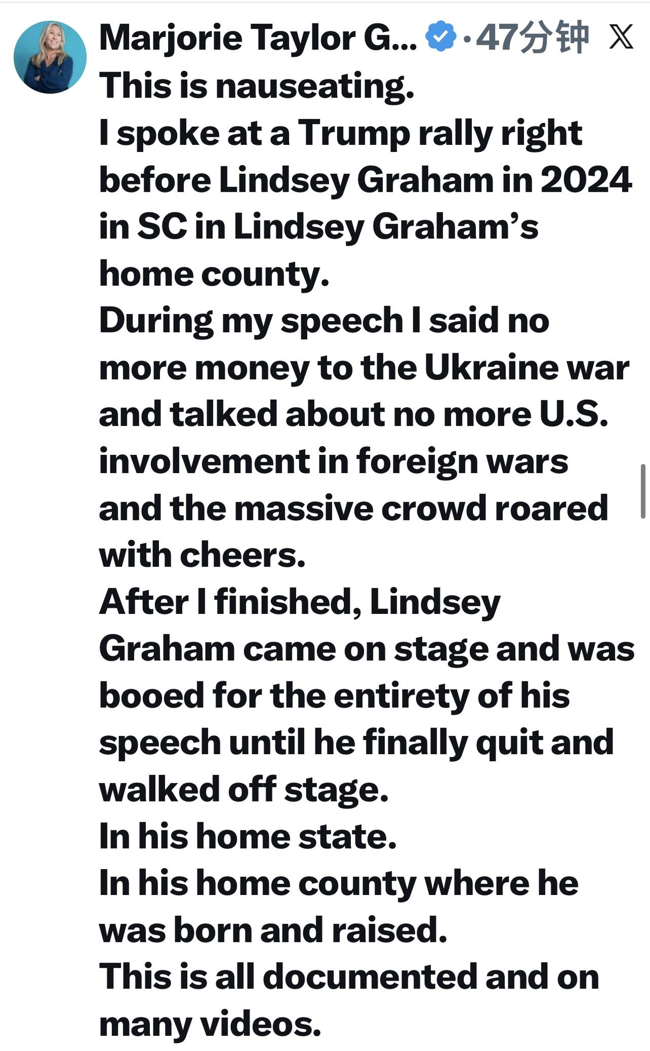 唱反调

美国原国会众议员玛乔丽.泰勒.格林公开反对川普支持的林赛.格雷厄姆：