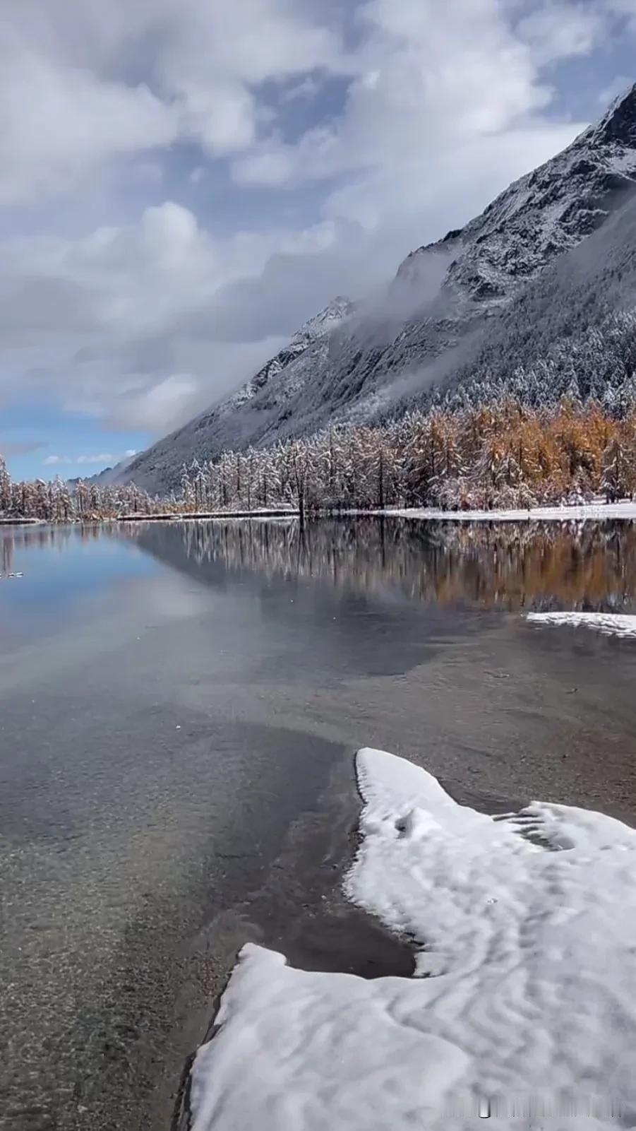 雪山，湖泊，森林，构成了一幅美丽的画卷。#不用修饰的美景# #雪山与湖水相映# 