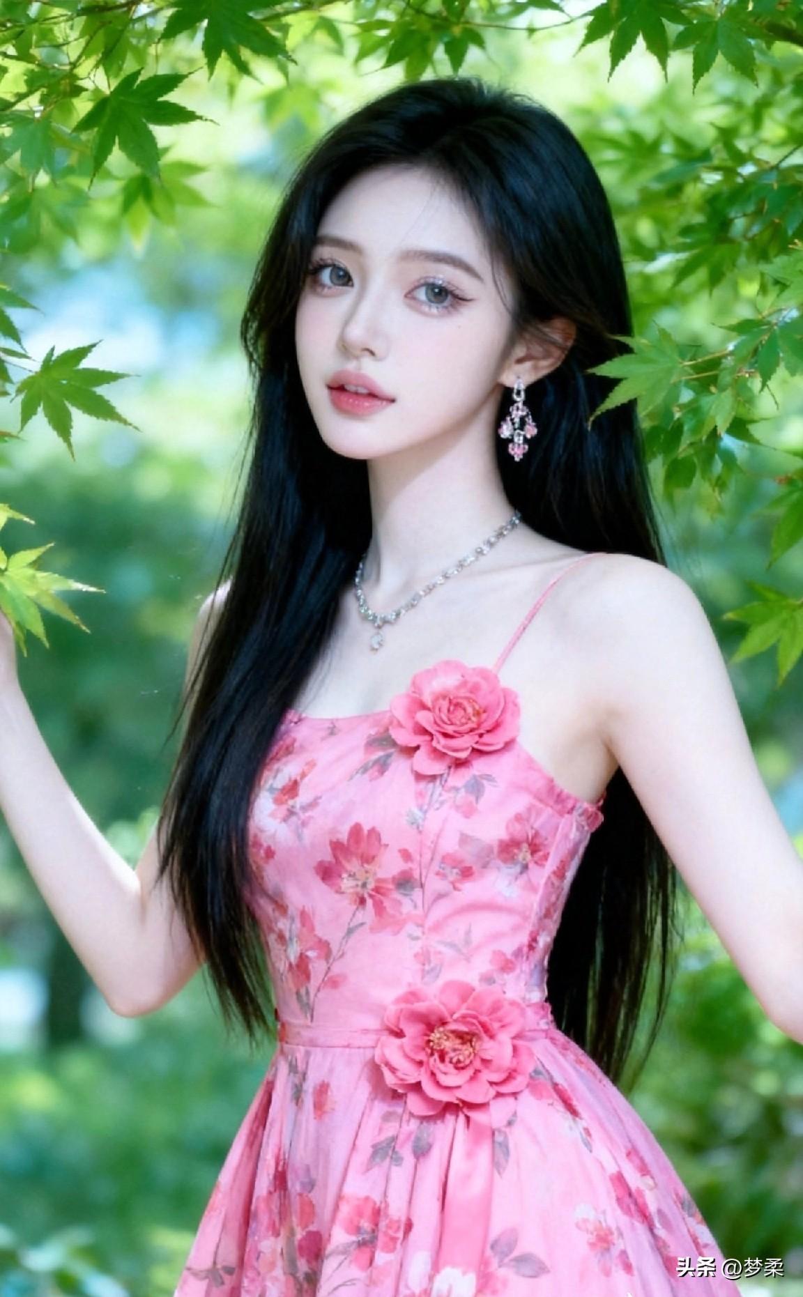 粉色花裙少女，置身绿意盎然中，宛如梦幻仙境温柔花裙少女