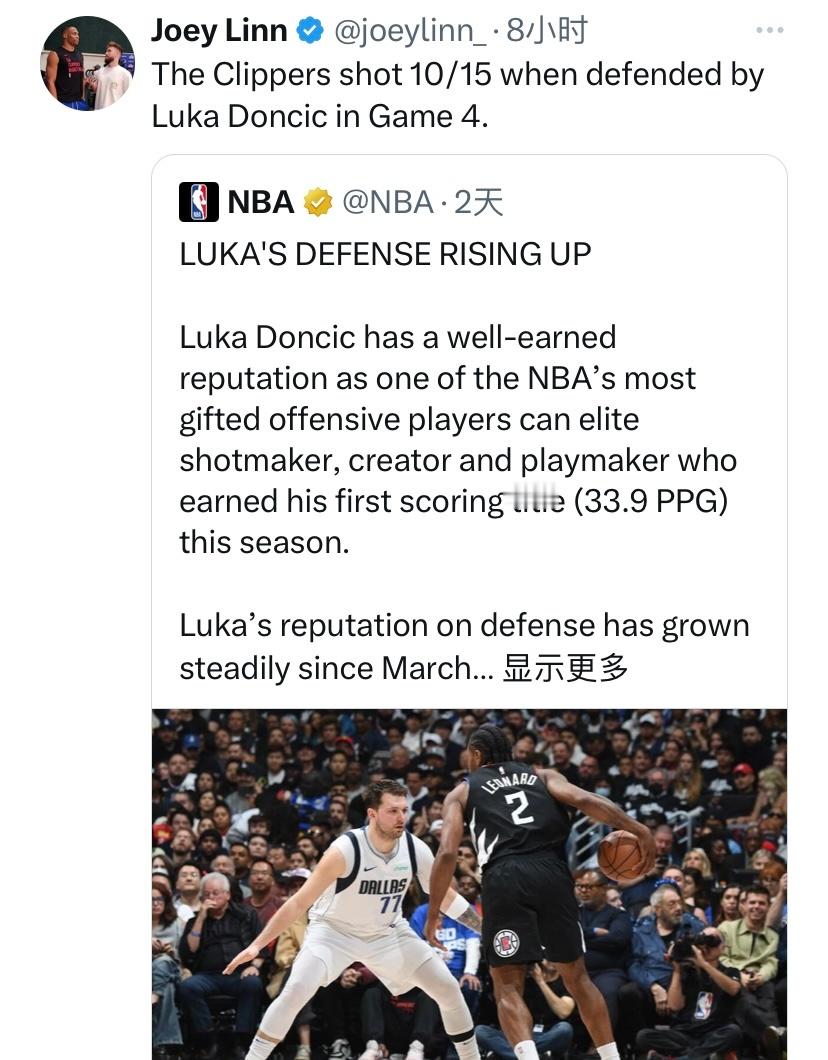 前两天NBA官方账号发布长文称赞东契奇的防守。快船记者今日转发并配文：在今天的G