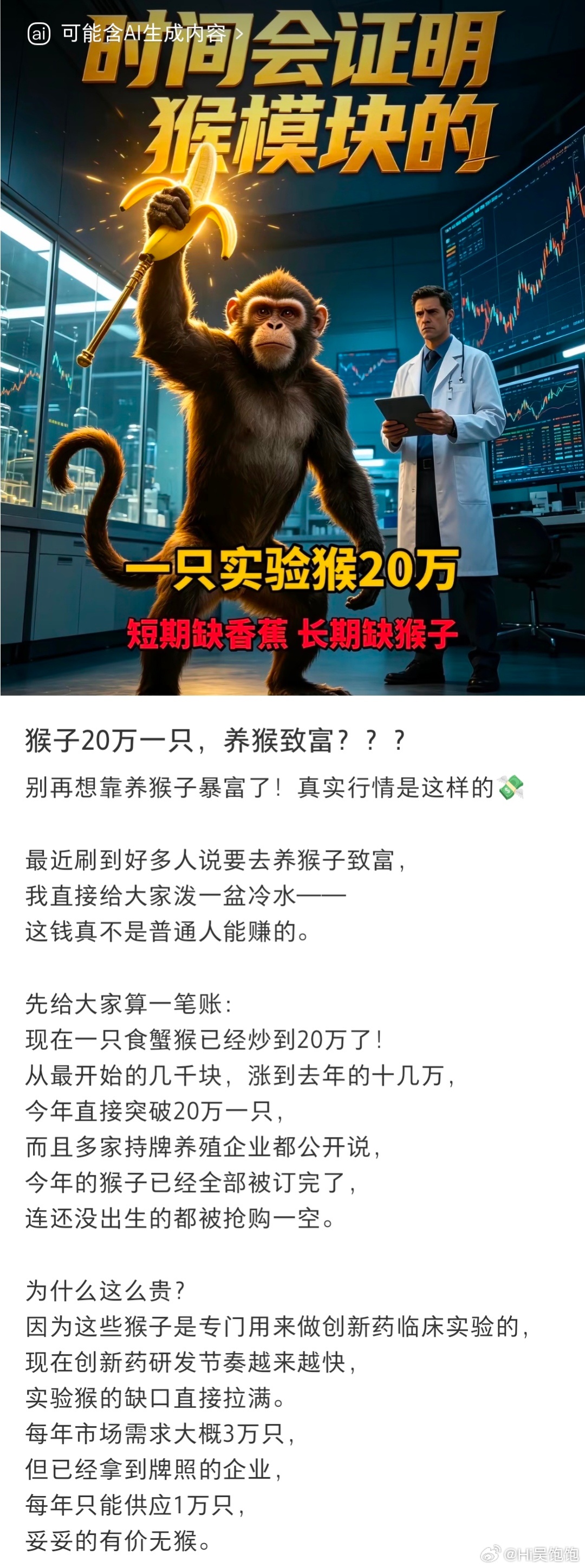 猴价涨疯了实验猴价格一路飙升，单只食蟹猴价格达到20万。新药研发扩大需求，市场缺